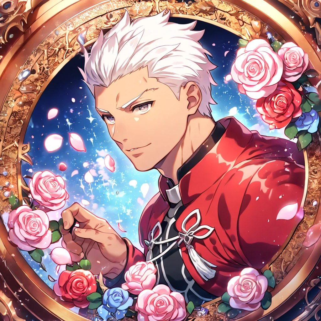 absurdres, highres, ultra detailed, HDR, masterpiece, extremely detailed, Archer, white hair, expressive gray eyes, Fate Stay Night, solo, sexy man, handsome, sensual, red coat, close up, water, magical, fantasy, glittering, shining, pink roses, blossoms, petals, in woderland, clock, manly man, tanned skin