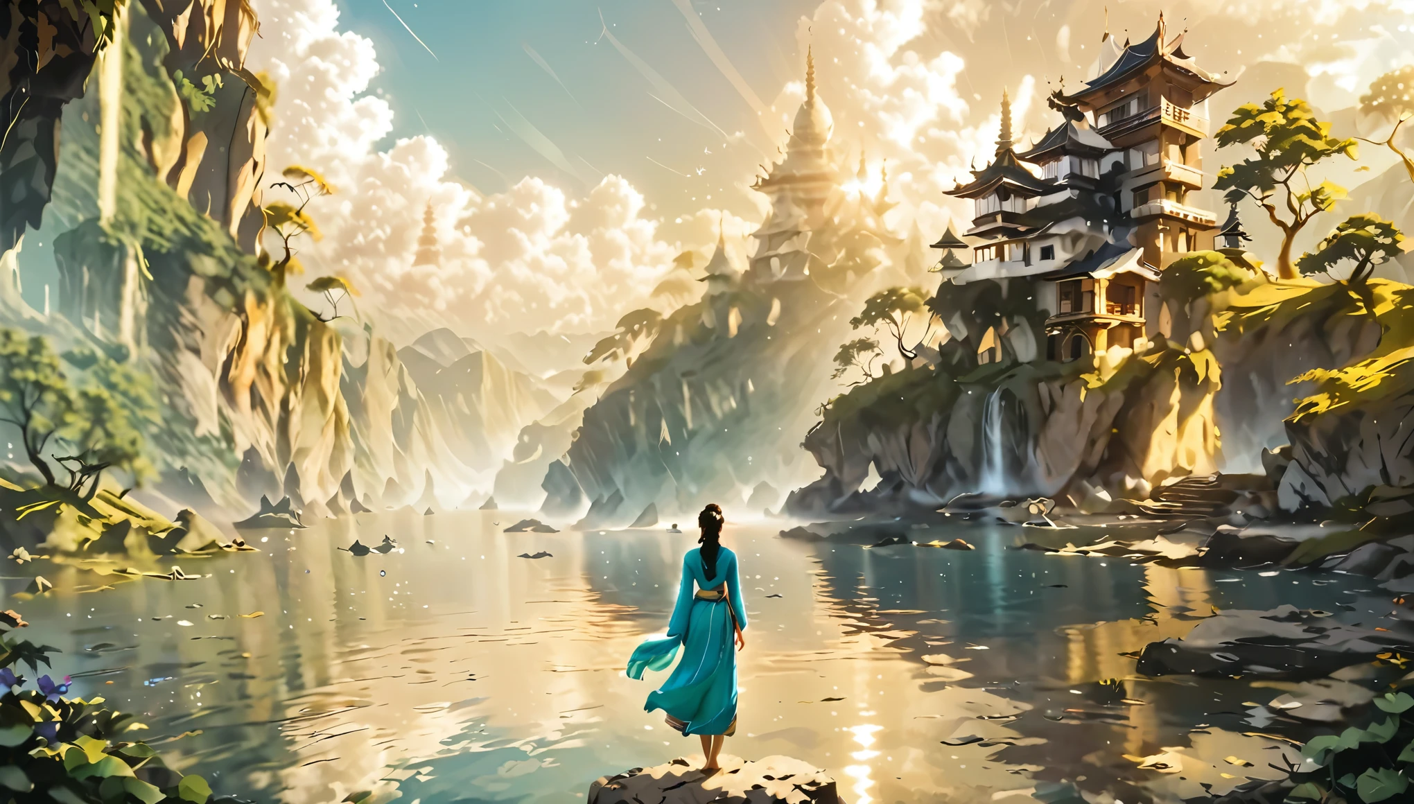 Namaste. Person meditating. Loose Clothes. dreamlike and fantasy world. Feeling of Fullness. details Intricate. cinematic lighting.