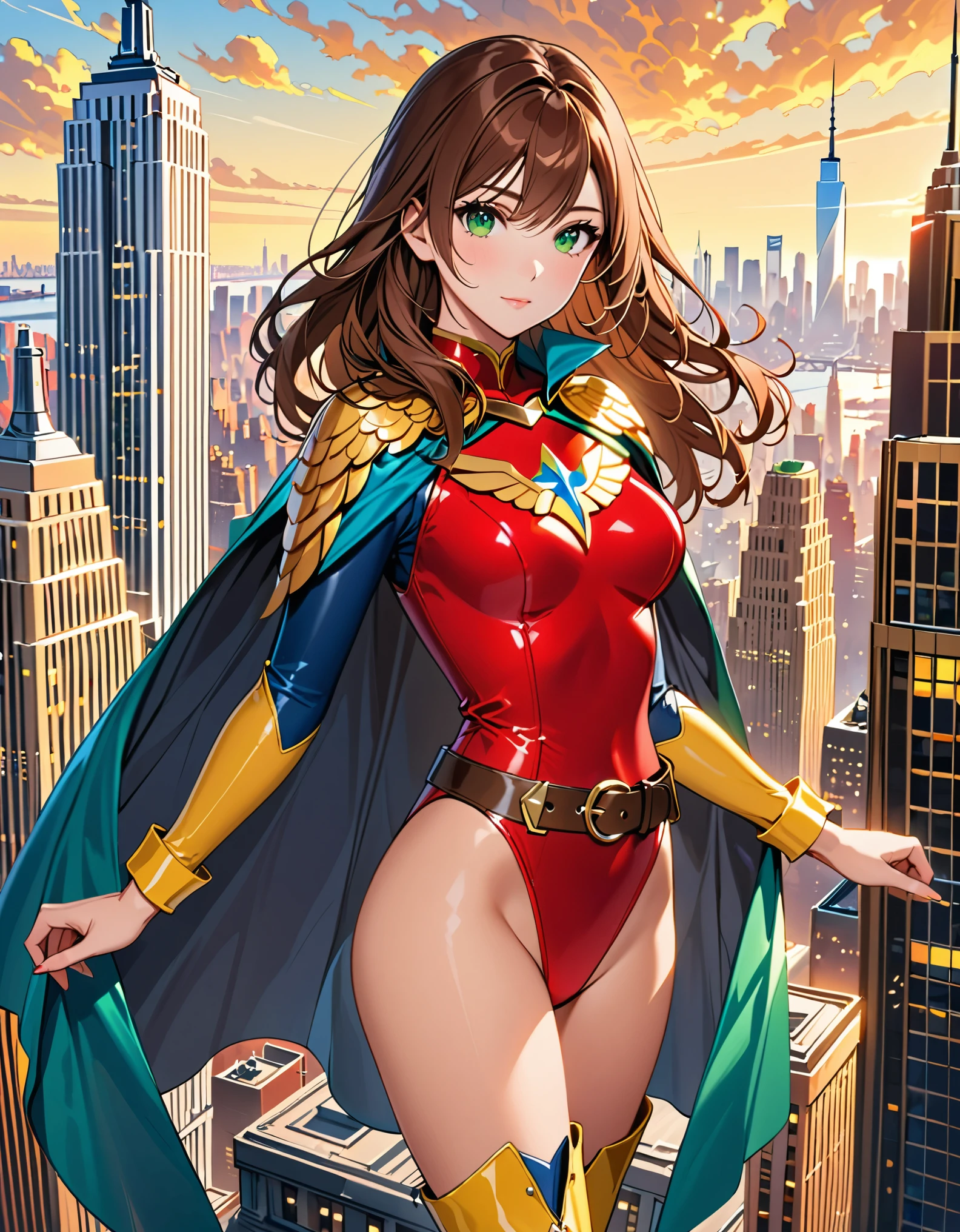 (masterpiece), (best quality), (high res), 1lady, tall body, highly detailed, professional, beautiful detailed eyes, beautiful detailed face, perfect hands, complete fingers, perfect anatomy, perfect proportions, ((brown hair, medium hair, hair down)), ((green eyes)), ((leotard, (red leotard), matching leotard)), (bare legs), (boots, matching boots, knee-high boots, yellow boots), breasts, medium breasts, (full body portrait), looking at viewer, solo, solo focus, standing, one hand on hip, cowboy shot, new york backdrop, ((belt, tight belt)), (blue sleeves, yellow cuffs), ((yellow hawk /(symbol/)) on chest), ((medium cape, blue cape)), full body costume design.