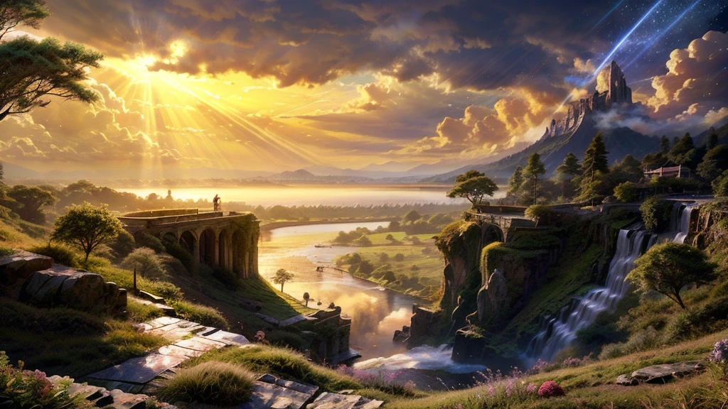 a beautiful large deep clear glowing blue lake with a mystical island in the centre, in a steep valley with huge dramatic mountains towering in the distance,fantasy fairytale scenery, rocks plants flowers shrubs trees moss lawns grass redwoods vines weeds,colourful sunset storm and strong sunbeams,misty hazy,extreme details,photorealistic,4k,HD,beautiful,nature, dreamy, imaginative, incredible panorama