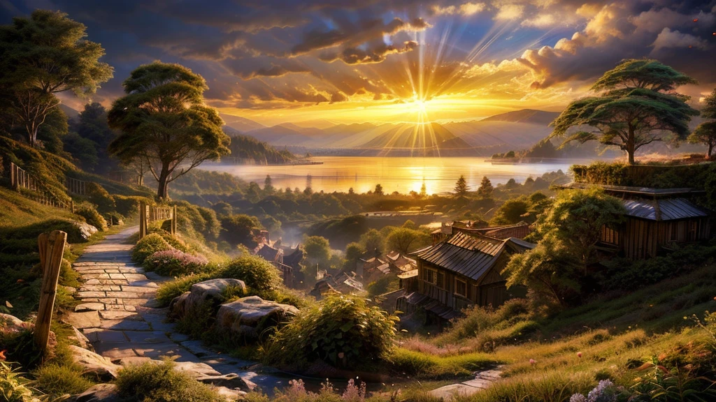 a beautiful large deep clear glowing blue lake with a mystical island in the centre, in a steep valley with huge dramatic mountains towering in the distance,fantasy fairytale scenery, rocks plants flowers shrubs trees moss lawns grass redwoods vines weeds,colourful sunset storm and strong sunbeams,misty hazy,extreme details,photorealistic,4k,HD,beautiful,nature, dreamy, imaginative, incredible panorama
