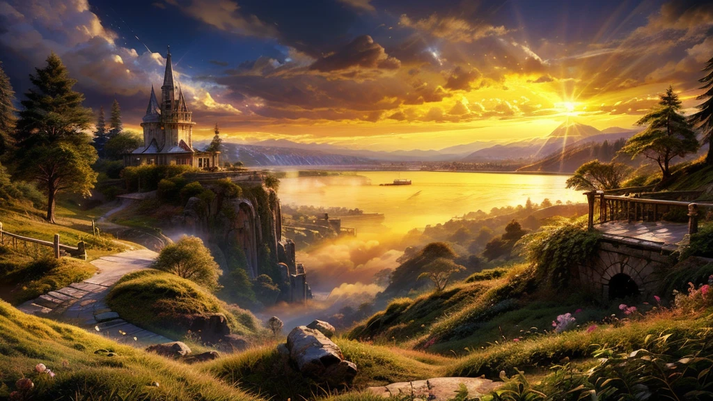 a beautiful large deep clear glowing blue lake with a mystical island in the centre, in a steep valley with huge dramatic mountains towering in the distance,fantasy fairytale scenery, rocks plants flowers shrubs trees moss lawns grass redwoods vines weeds,colourful sunset storm and strong sunbeams,misty hazy,extreme details,photorealistic,4k,HD,beautiful,nature, dreamy, imaginative, incredible panorama