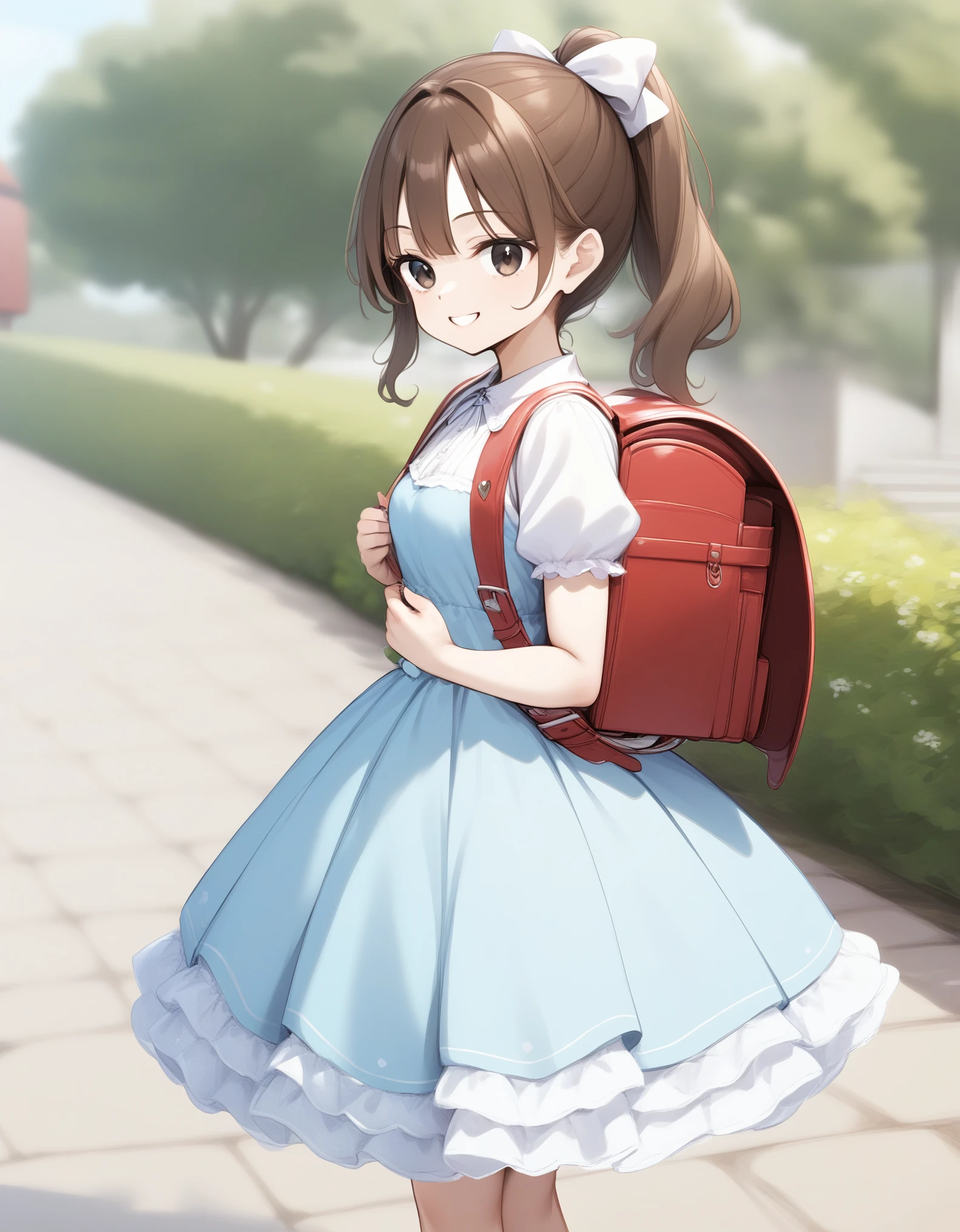 Masterpiece, hd, 1girl wearing a idol dress (idoldress) layered skirt, frills, ribbon, bow, sequins, smile, (Brown hair), outdoor, ponytail, standing, outdoor, wearing randoseru backpack, (randoseru backpack:1.2), day