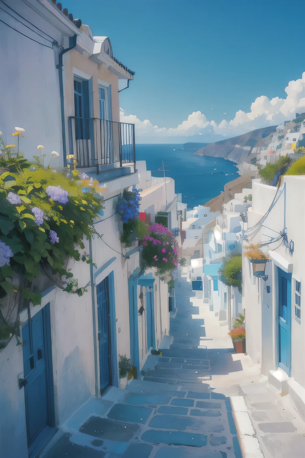 ((최고의 품질, 걸작, 흡수제, 초해상도)), Santorini Island, white buildings and blue roofs, wide-angle views, many colorful flowers in the alley, blue sea at the end of the road.