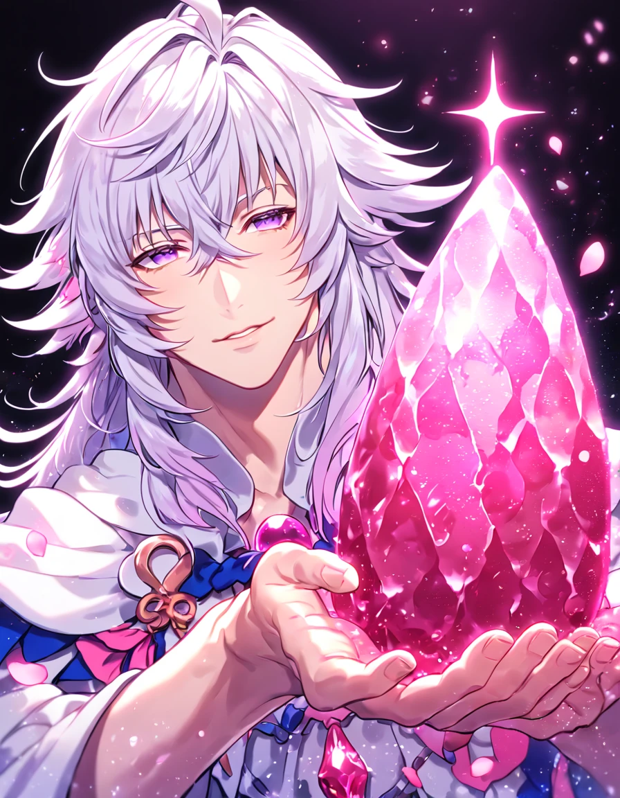 absurdres, highres, ultra detailed, HDR, master piece, Merlin, white hair, long hair, expressive light purple eyes, white tunic, white cape, Fate Gran Order, sexy man, handsome, best quality, pink glittering crescent moon, pink flowers, fantasy, magical, solo, water, pink shining fireflies, pink petals, sensual, horny, manly man, pink powers, pink crystal, pink ice, close up
