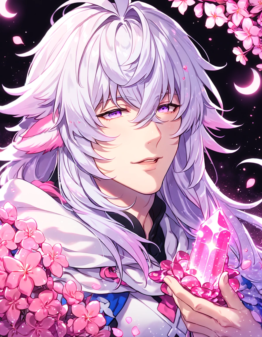 absurdres, highres, ultra detailed, HDR, master piece, Merlin, white hair, long hair, expressive light purple eyes, white tunic, white cape, Fate Gran Order, sexy man, handsome, best quality, pink glittering crescent moon, pink flowers, fantasy, magical, solo, water, pink shining fireflies, pink petals, sensual, horny, manly man, pink powers, pink crystal, pink ice, close up
