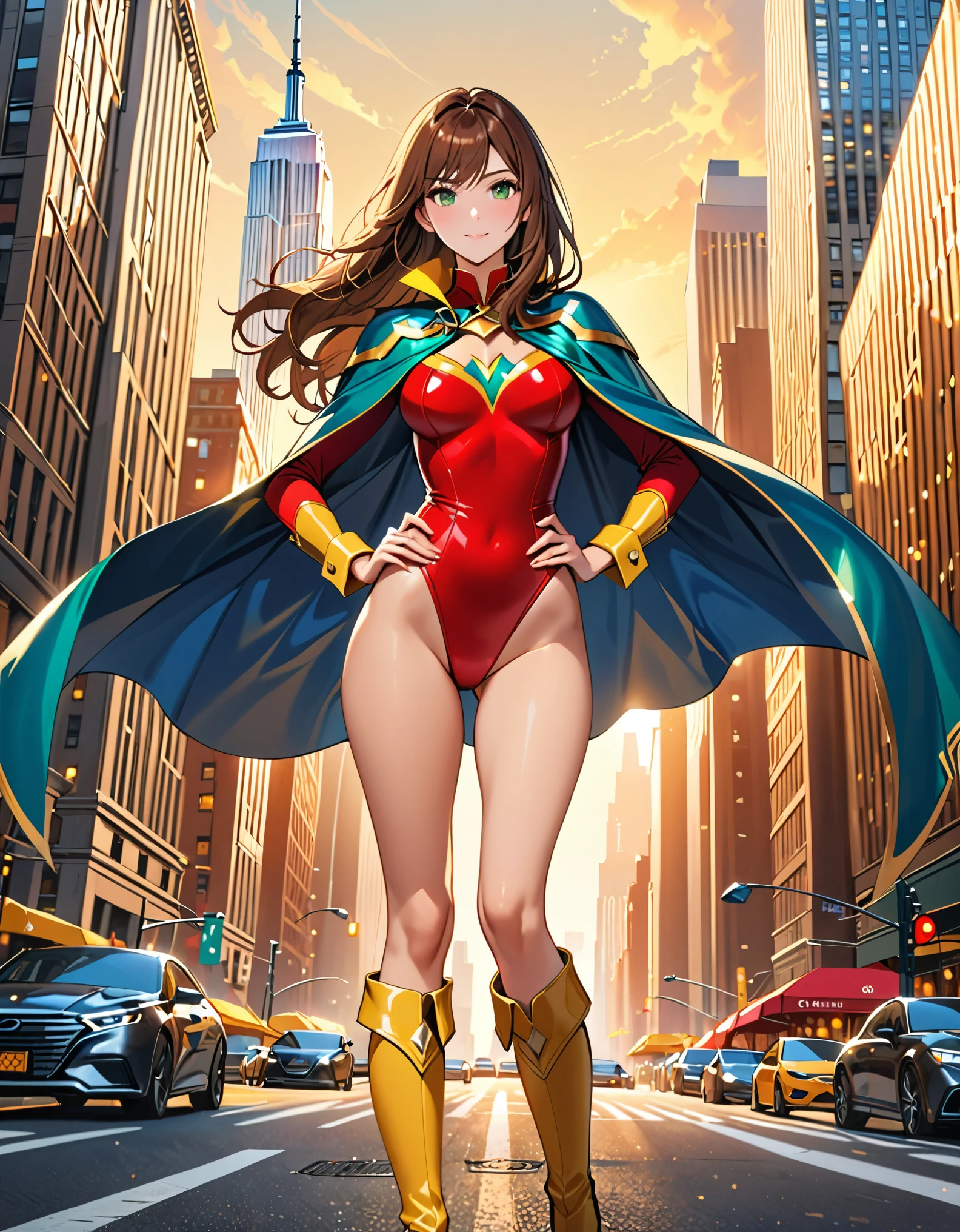 (masterpiece), (best quality), (high res), 1lady, tall body, highly detailed, professional, beautiful detailed eyes, beautiful detailed face, perfect hands, complete fingers, perfect anatomy, perfect proportions, ((brown hair, medium hair, hair down)), ((green eyes)), ((leotard, (red leotard), matching leotard)), (bare legs), (boots, matching boots, knee-high boots, yellow boots), breasts, medium breasts, (full body portrait), looking at viewer, solo, solo focus, standing, one hand on hip, cowboy shot, new york backdrop, ((belt, tight belt)), (blue sleeves, yellow cuffs), ((yellow hawk /(symbol/)) on chest), ((medium cape, blue cape)), full body costume design.