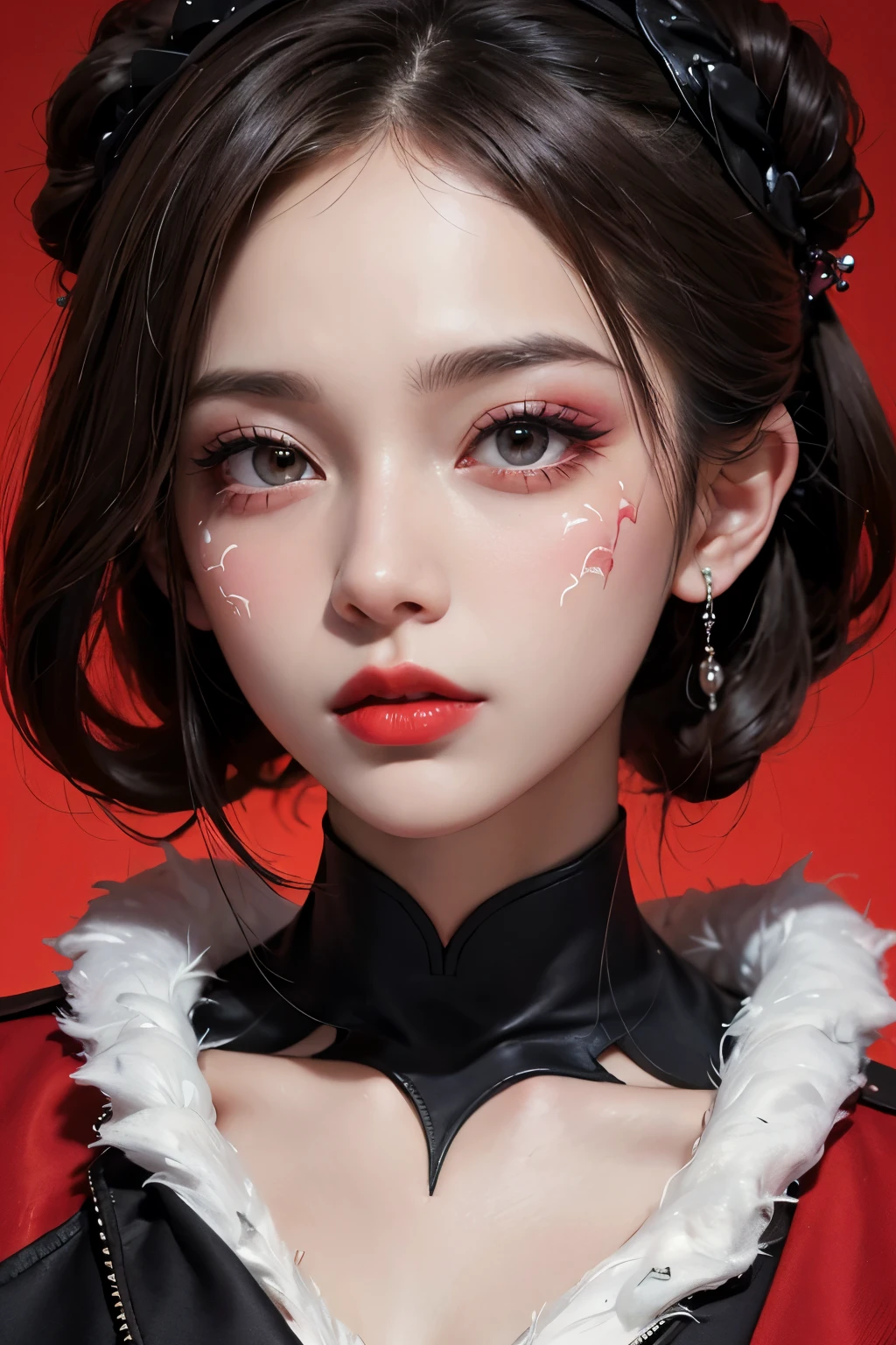 masterpiece, masterpiece, masterpiece_portrait, distinct, distinct_image, highres, high_resolution, high_quality, high_quality_アニメ, Super_detail, hyper_detail, ultra high definition, Super facial detail, face art, 알굴 make up, Pale face, red lips, forehead make up, 눈 make up, pattern on face, 8k, 1 person, face enlargement, chinese makeup, japanese アニメ makeover, make up, art, art, painting on face, face art, Demon Slayer's Blade, He comes, look at the face, Face tattoo, (tattoo on face:1.5), ghost makeup, zombie makeup, character make up, kabuki, portrait, (1 face:1.3), Blue eyes, No background, face, face line tattoo, long eyelashes, LED lights, neon sign lighting, cyfunky, myth, red markings on the face,Beautiful nipples,beautiful girl,