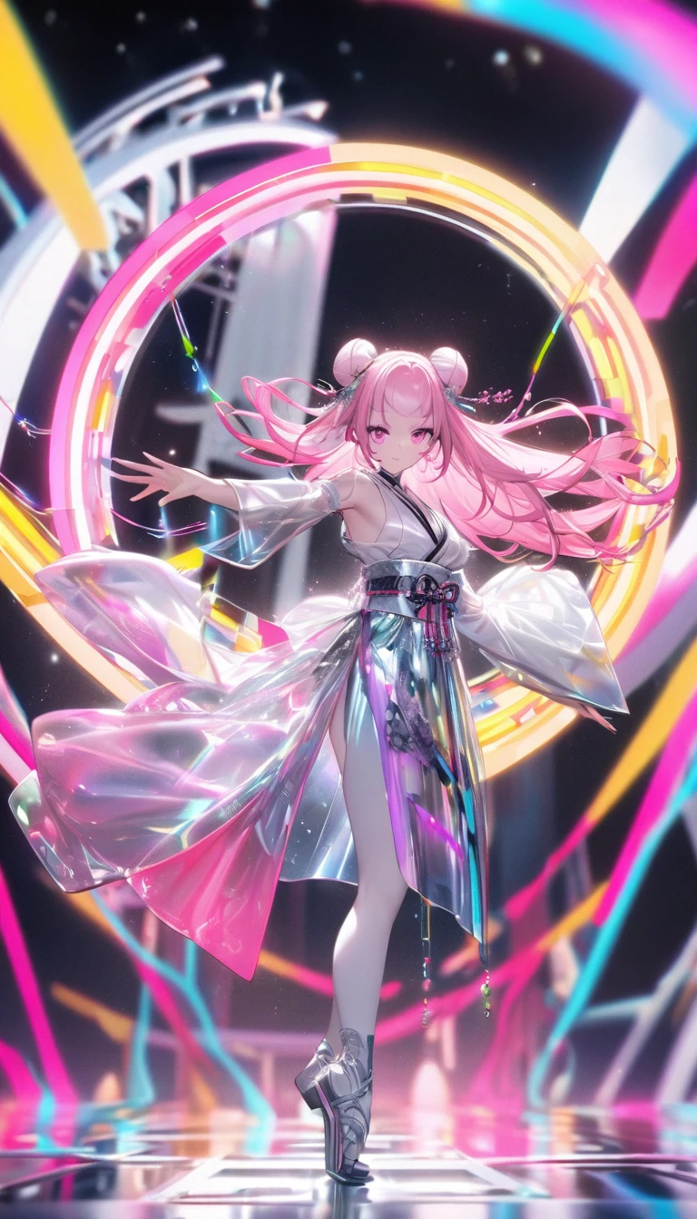(Highest quality:1.2),One girl,alone,Are standing_Split,whole body, Photo of a Japanese woman in her 20s,(Hair Ribbon:0.4), Pink Eyes,(((White bun hair))),(((Pink long hair))),Made of glossy white and silver translucent glass and plastic, Geisha makeup and hairstyle, Silver metal interior, Dynamic pose, Flow organic structure, A sparkling golden circuit, colorful Neon decoration, Light emitting circuit, Neon decoration, Depth of Field Focus F/2.8, H'art.right. liver, Greg rightutowski