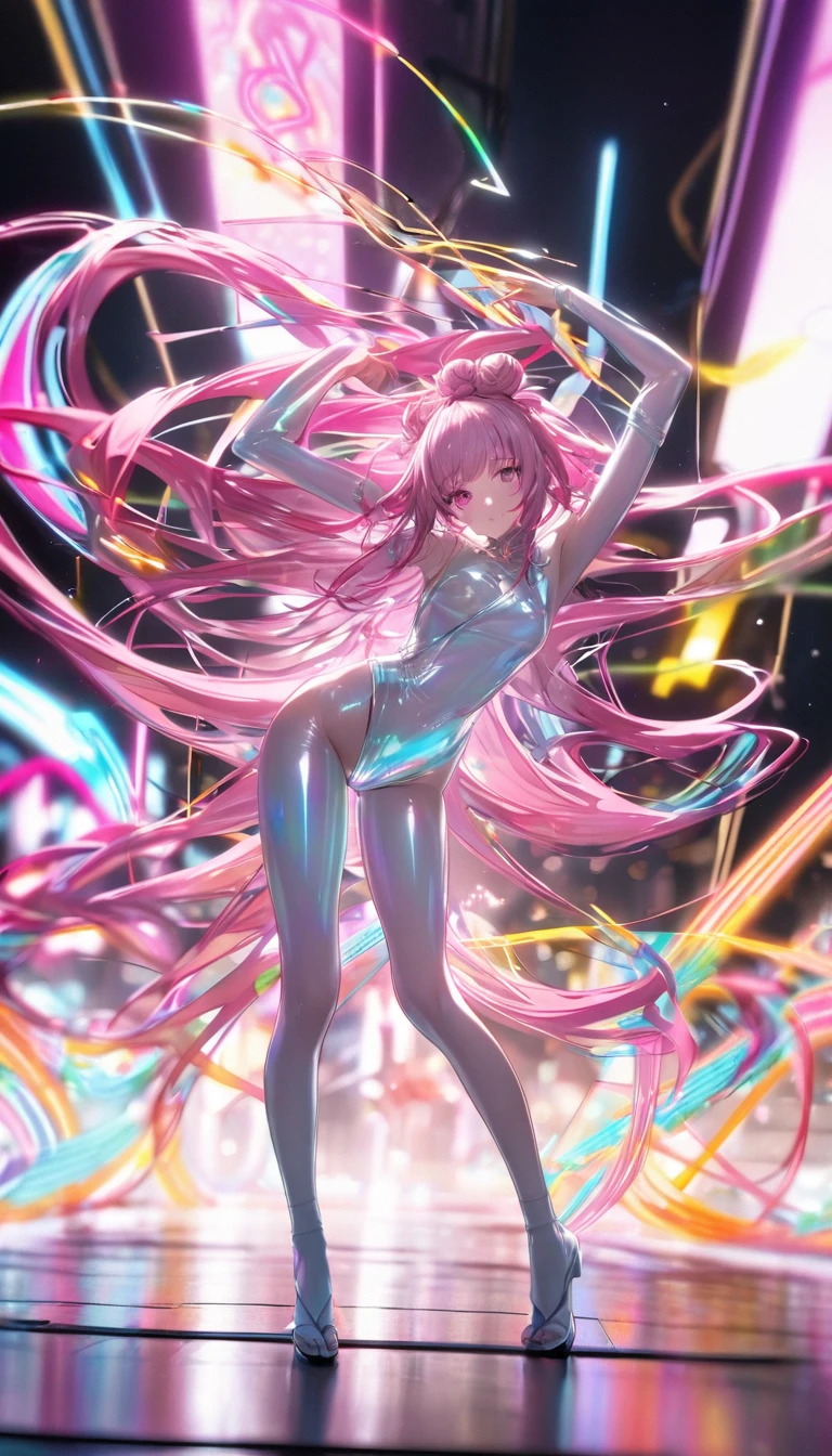 (Highest quality:1.2),One girl,alone,Are standing_Split,whole body, Photo of a Japanese woman in her 20s,(Hair Ribbon:0.4), Pink Eyes,(((White bun hair))),(((Pink long hair))),Made of glossy white and silver translucent glass and plastic, Geisha makeup and hairstyle, Silver metal interior, Dynamic pose, Flow organic structure, A sparkling golden circuit, colorful Neon decoration, Light emitting circuit, Neon decoration, Depth of Field Focus F/2.8, H'art.right. liver, Greg rightutowski