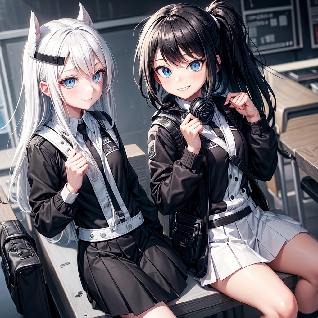 by the wide, black with white, with the female uniform of my hero academia, with a black backpack, with black headphones on the neck, blue eyes, smiling, in a class room. Version anime