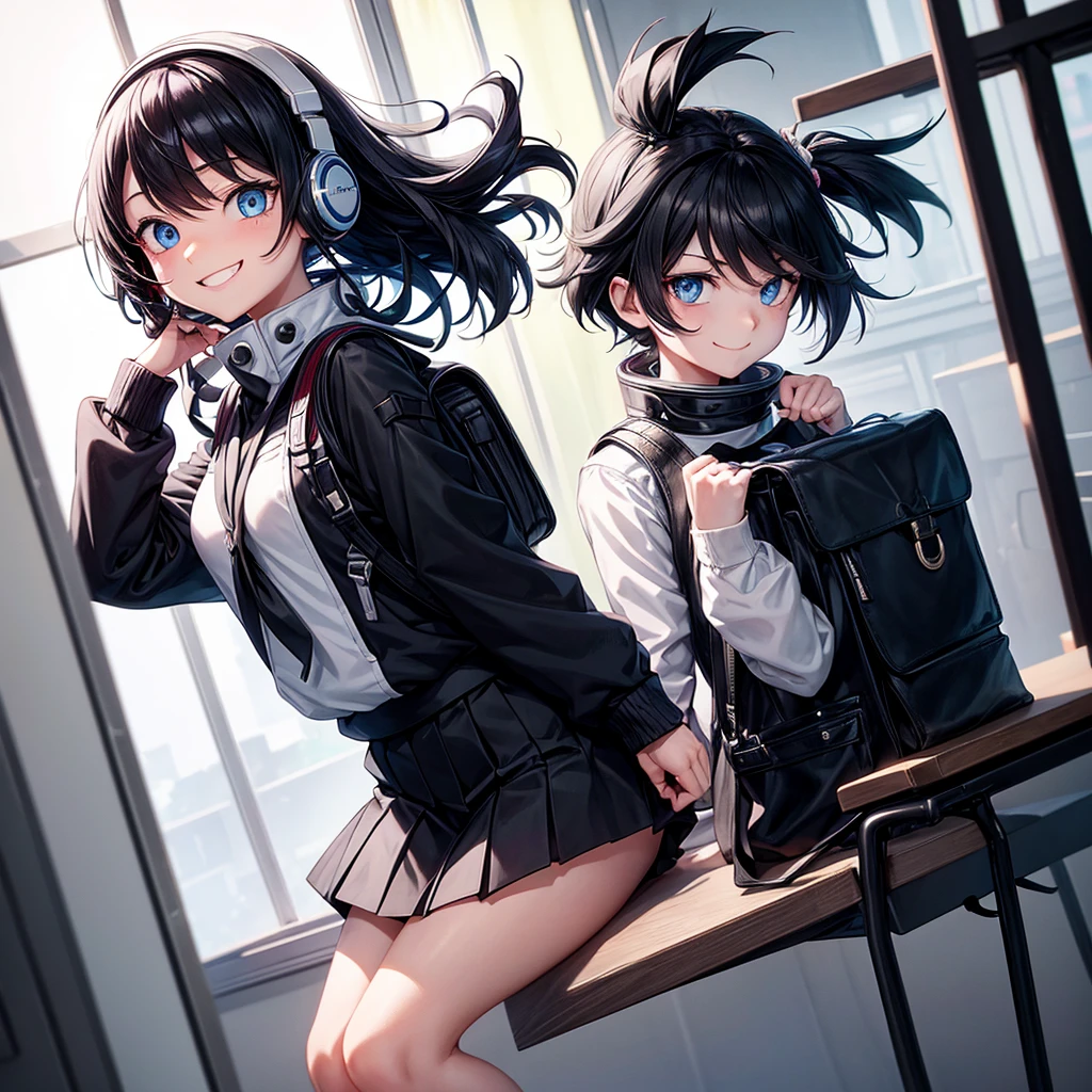 by the wide, black with white, with the female uniform of my hero academia, with a black backpack, with black headphones on the neck, blue eyes, smiling, in a class room. Version anime
