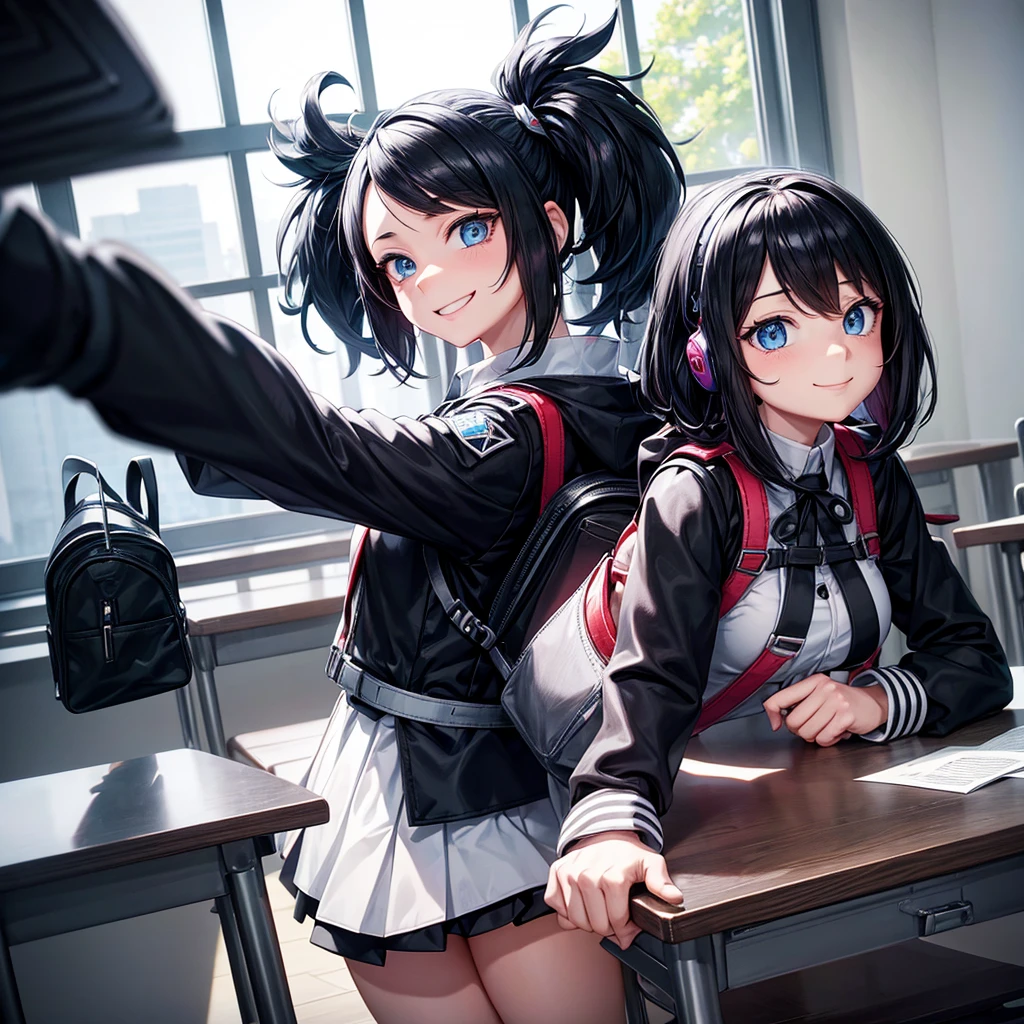 by the wide, black with white, with the female uniform of my hero academia, with a black backpack, with black headphones on the neck, blue eyes, smiling, in a class room. Version anime