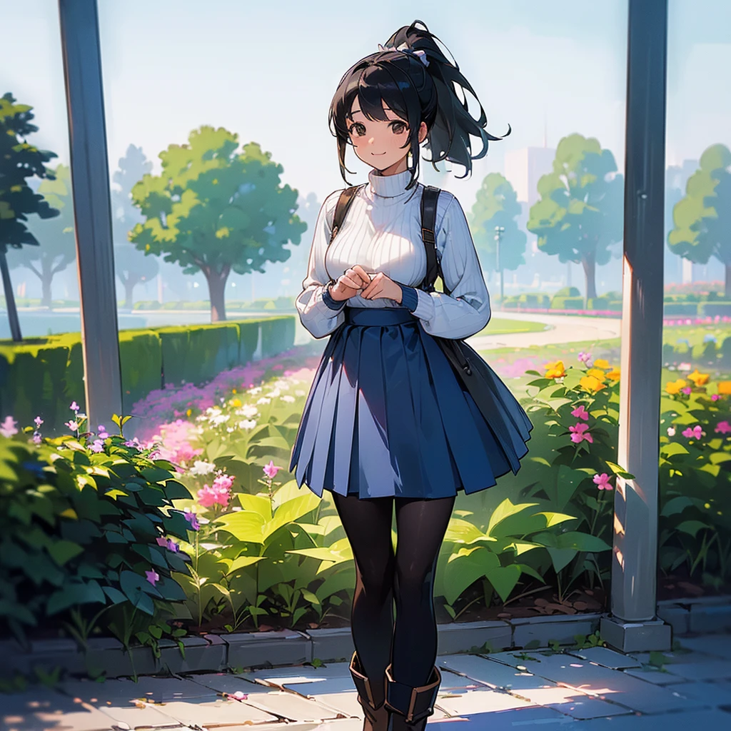 (high quality, High resolution, Very detailed, reality:1.37), Peaceful atmosphere, (Outdoor, garden), Teenage girl standing alone, (my breasts are big.), Beautiful details, Cute Smile, (Black hair ponytail), Ribbed sweater, Blue Skirt, Black tights, Brown boots.