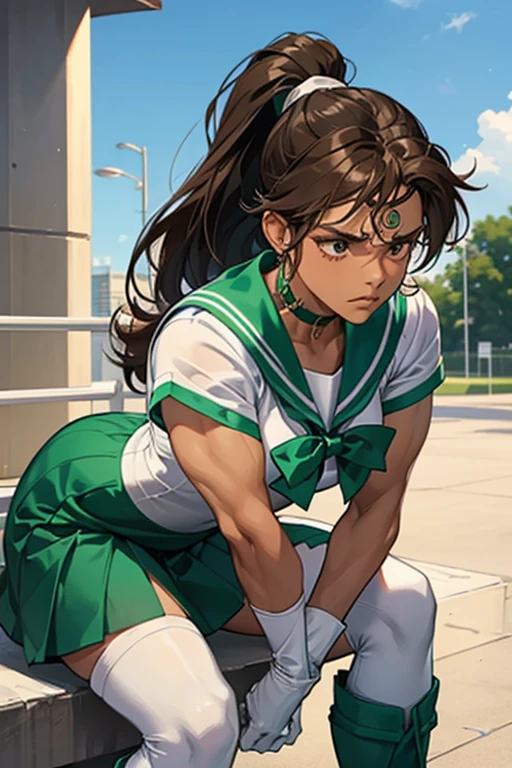 A muscular, dark-skinned mature woman with brown hair and a ponytail, dressed as Sailor Jupiter, wearing white gloves and green boots, with a displeased look on her face in the schoolyard.