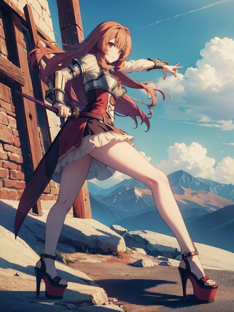 Raphtalia in sexy open platform high heels sword fighting on a happy mountain