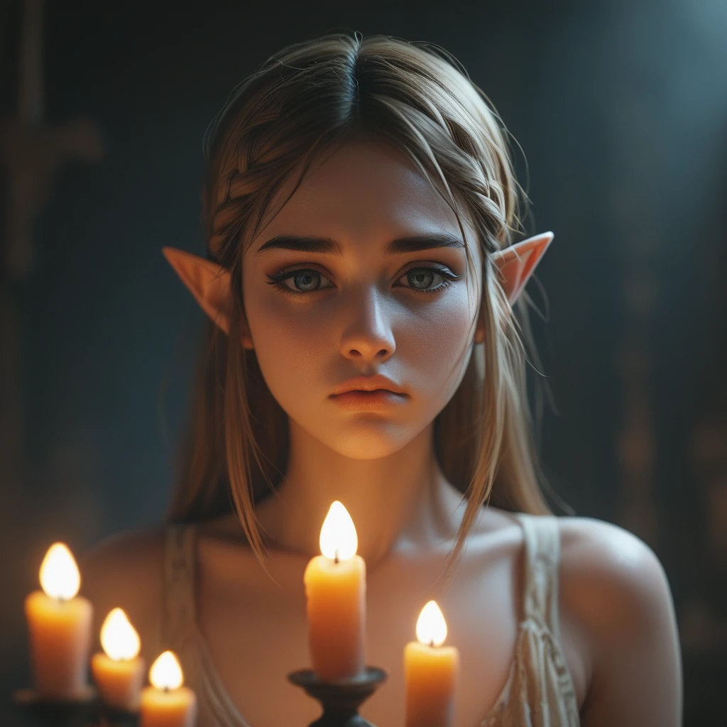 High Fantasy、Vivid depiction、live-action、Upper body only、Zelda with a sad face、Dark room background、The candle is on fire、