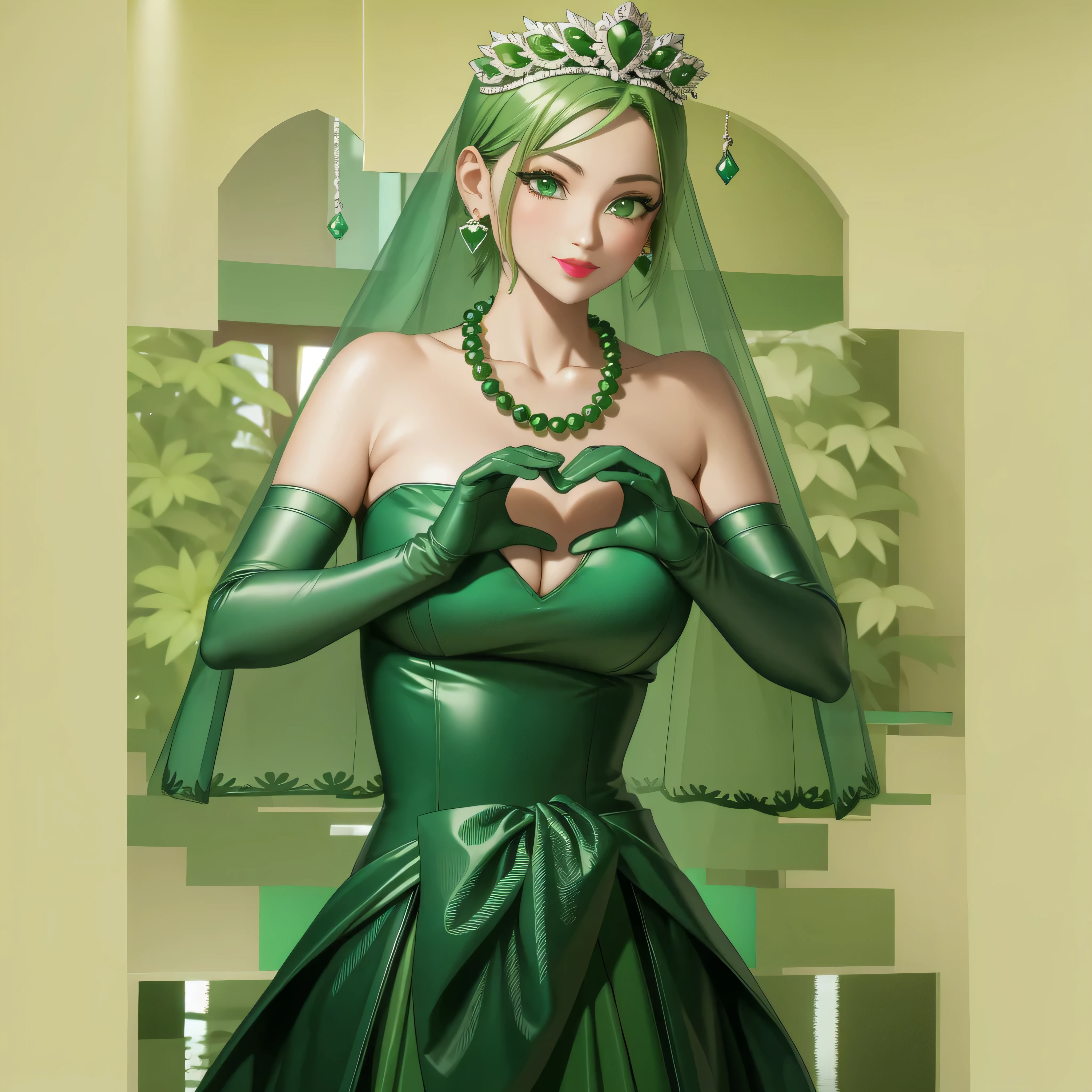 Emerald tiara, Green Pearl Necklace, Boyish very short green hair, Green Lips, Smiling Japanese woman, Very short hair, Busty beautiful lady, Green Eyes, Green satin long gloves, Green Eyes, Emerald Earrings, Green veil, Heart with both hands, Green Hair, Beautiful Japanese Women, Heart shaped hands:1.3, green lip gloss