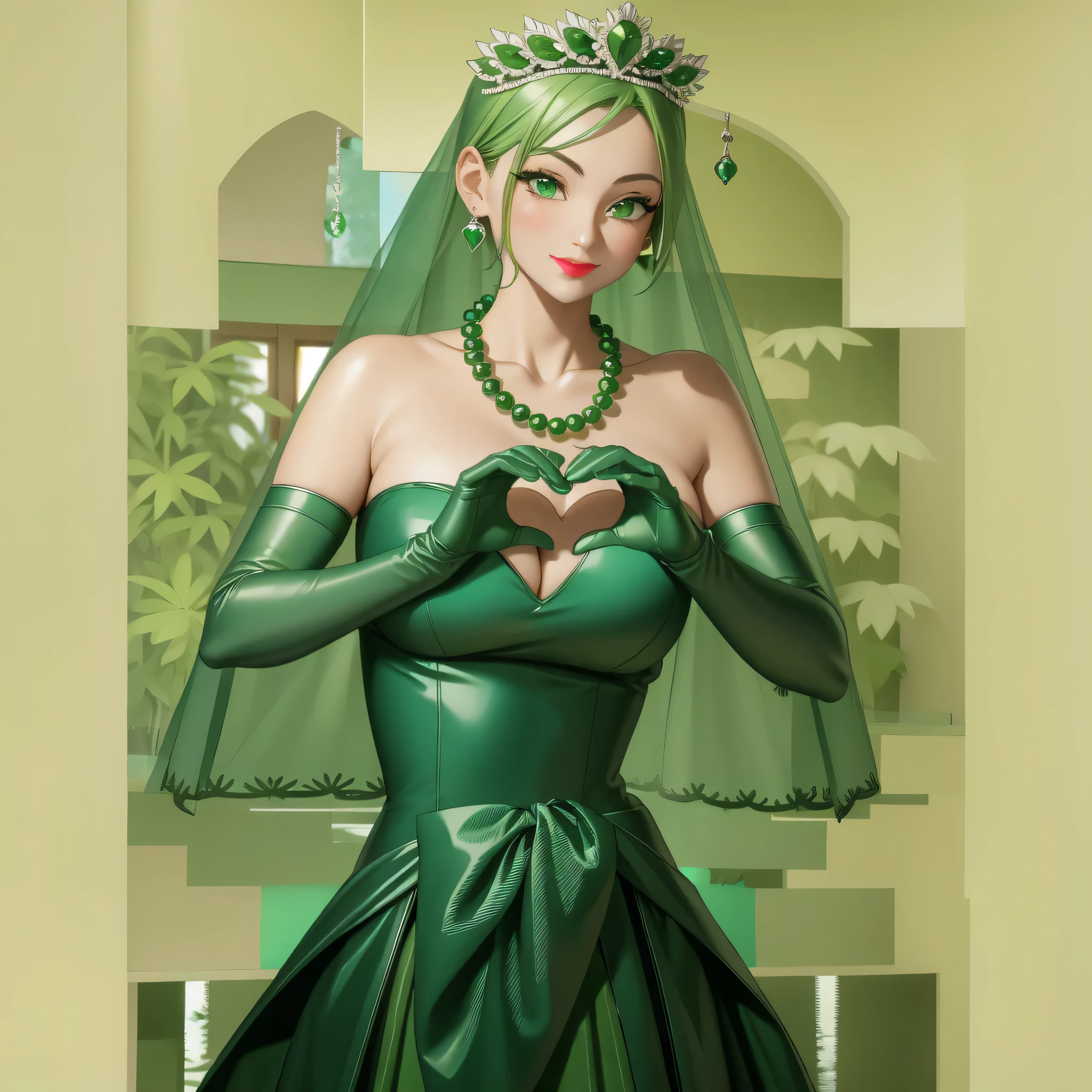 Emerald tiara, Green Pearl Necklace, Boyish very short green hair, Green Lips, Smiling Japanese woman, Very short hair, Busty beautiful lady, Green Eyes, Green satin long gloves, Green Eyes, Emerald Earrings, Green veil, Heart with both hands, Green Hair, Beautiful Japanese Women, Heart shaped hands:1.3, green lip gloss