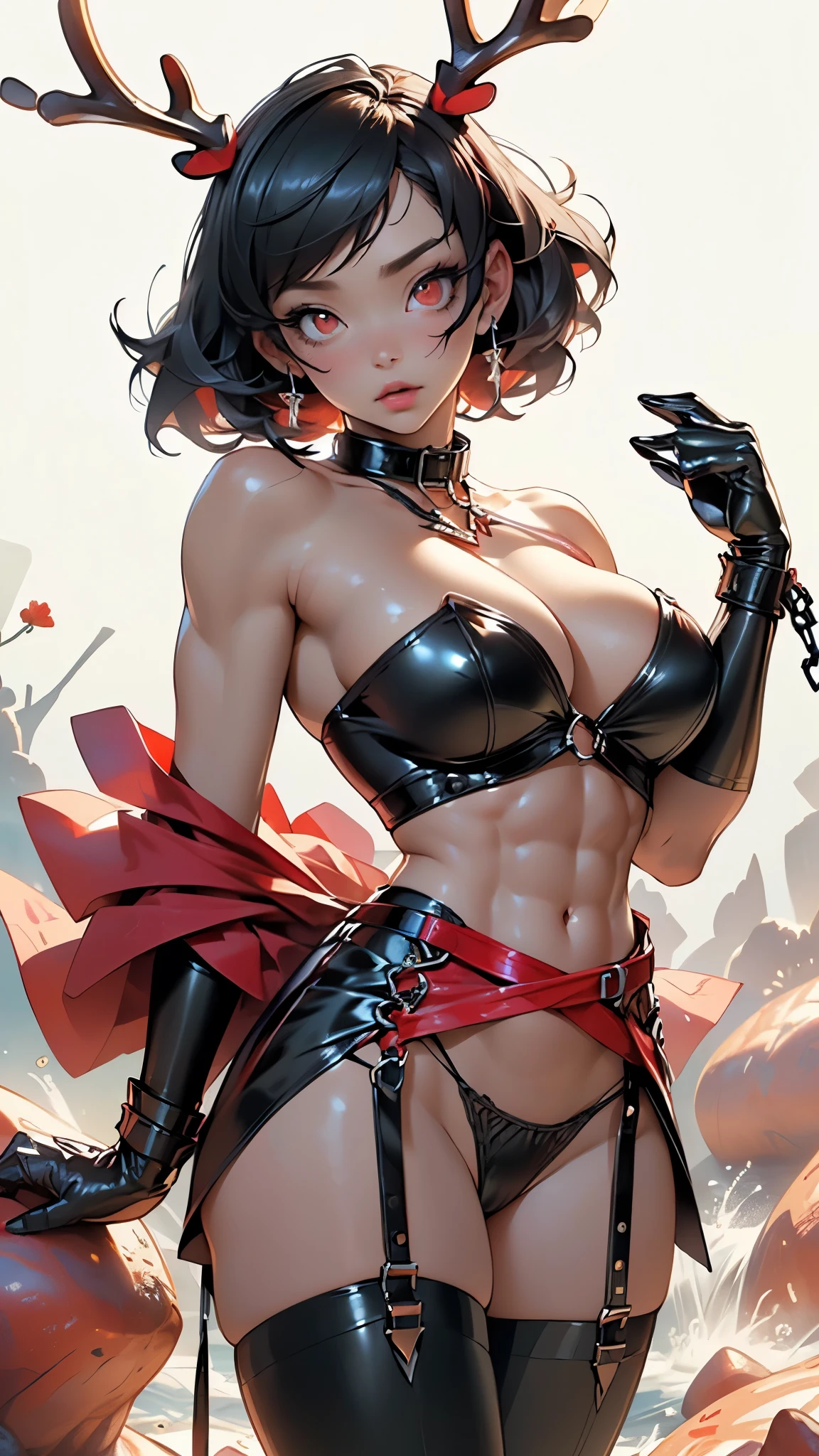 gothic reindeer girl,(((1girl))),((extremely cute and beautiful black hair anime gothic reindeer girl)),
(((anthro furry:1.2), Playboy_Reindeer, reindeer_antlers,(huge antlers:1.5,dear antlers:1.5,blooming antlers:1.5))),(large breasts:1.4),saggy breasts,((((black hair:1.4,hi-top fade Haircut:1.5,hi-top fade:1.5,Mohawk:1.5,ear breathing)))),(((red_eyes:1.3))),intricate eyes,beautiful detailed eyes,symmetrical eyes,big eyes:1.5,(((lustrous skin:1.5,bright skin: 1.5,skin tanned,shiny skin,very shiny skin,shiny body,plastic glitter skin,exaggerated shiny skin,illuminated skin))),(spider lower abdomen,narrow waist,wide hip,athletic body,inflated legs,thick thighs,detailed body,(detailed face)),((muscle legs,muscular thighs,muscular girl,strong and muscular,muscular,feminine and muscular,huge stature,tall stature,very tall girl,(ABS:1.5))),
cute,slutty,seductive,erotic,(((nsfw))),
zettai ryouiki,revealing armor,show skin,((huge cleavage:1.5)),(((underboob))),(((eyeshadow,egyptian makeup,eyelid makeup))),(((slave collar,metal slave collar,black slave collar,Long chain leash connected to her collar,shackles))),((((((strapless latex teddy)), thighhighs, long gloves)))),(((thong:1.5))),
(dynamic pose:1.0),embarrassed,(centered,scale to fit dimensions,Rule of thirds),
((red and white background of a waterfall, red lava rivers, bright red lava flows, bloody river in hell, narrow red lava rivers, red fluid, bottom of a lava river, bright red veins, turbulent blood lake, flowing lava, rivers of lava, streams of bright hot lava, rivers of blood)),scenery:1.25,((intricate scenery)),
(Glossy goth ornaments),highres,sharp focus,(ultra detailed,extremely detailed),(photorealistic artwork:1.37),(extremely detailed CG unity 8k wallpaper),(((vibrant colors,vibrant theme))),(intricate),(masterpiece),(best quality),artistic photography,(photography taken by sldr),(intricate background),perfect rendered face,perfect face details,realistic face,photo realistic,((intricate detail)),(((