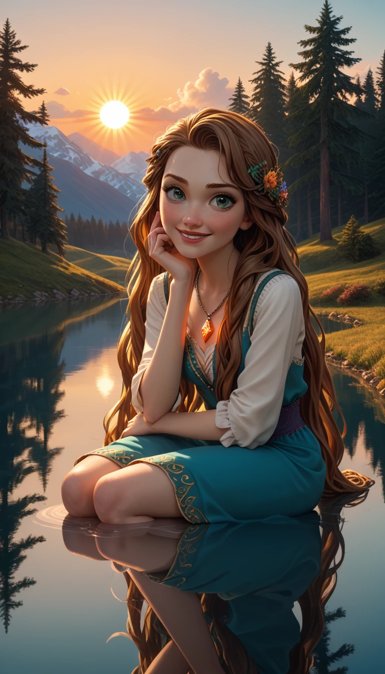 1 girl, Happy expression, Attractive eyes, Straight Long Hair, Flowing skirt, big, Gaze at the sun, Calm posture, Porcelain-like skin, A faint blush, Crystal Pendant BREAK Golden Hour, (Edge lighting): 1.2, Cool colors, Solar flare, Soft Shadows, Bright colors, Paint Effects, Great atmosphere Rest Beautiful lake, Distant Mountain々, pine tree, Summit, reflection, Sunlit clouds, Quiet atmosphere, Idyllic sunrise, Super detailed, Official Art, Unified 8k wallpaper, Tangled, Mandala