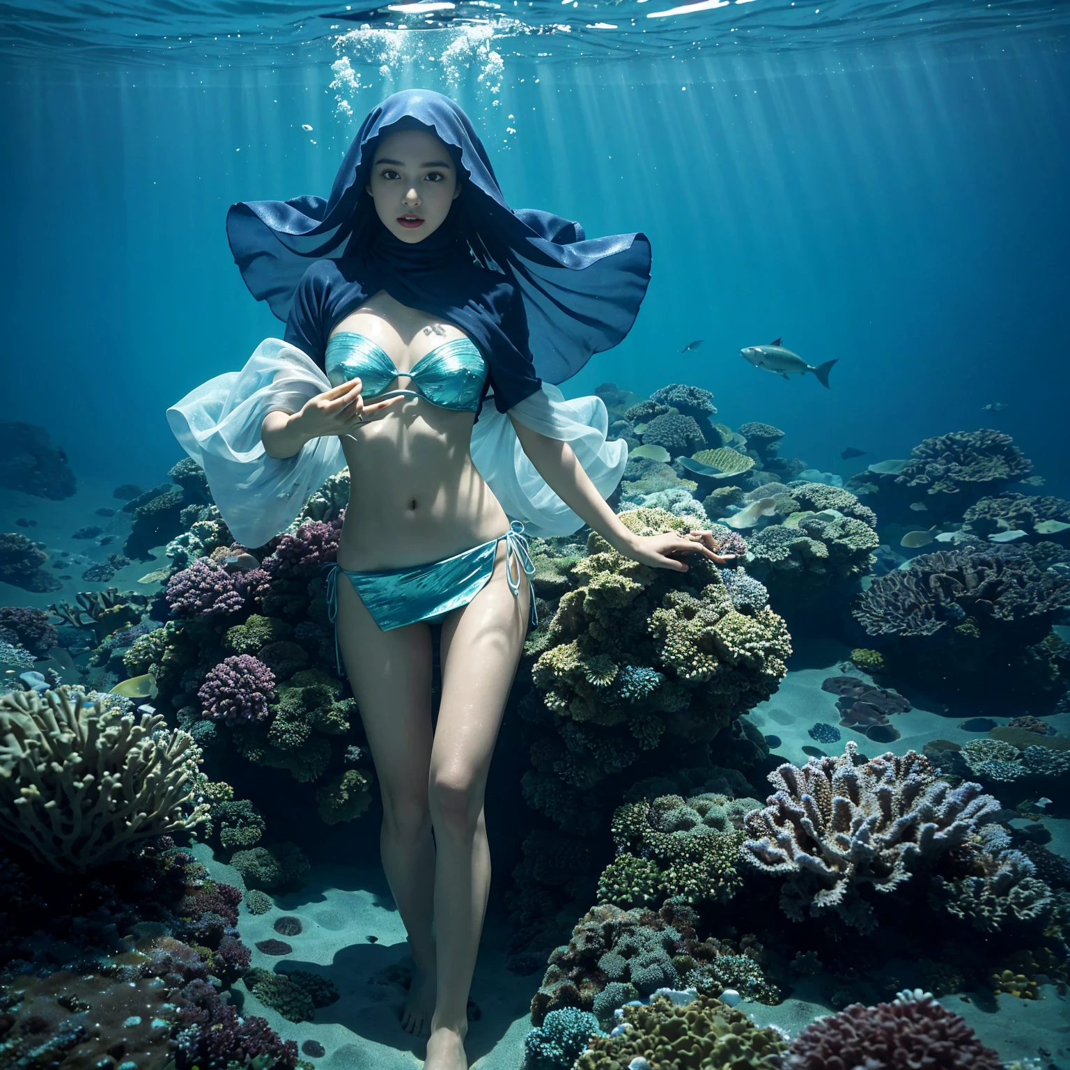 (masterpiece, beautiful ,best quality, realistic, ultra-realistic, realism, photorealism, 8k wallpaper, high quality, absurd, trending on ArtStation), Plunge into the magnificent world beneath the ocean's surface and depict the captivating sight of a girl in a (hijab with veil: 1.2), mini skirt and bikini in ocean colours, standing on the ocean floor, surrounded by a variety of bustling marine life. Bring viewers up close and personal with the girl and the underwater world, so that they can appreciate the intricate details of the marine environment. Show the girl as the central character, conveying a sense of awe and harmony as she interacts with the underwater creatures. Use a vivid colour palette to showcase the brilliant colours of corals, the shimmering scales of fish and the subtle movements of sea plants. Incorporate elements such as shells, starfish, and other marine flora and fauna to enhance realism and create a sense of depth. Let the artwork transport viewers into a mesmerising underwater world, where they can imagine themselves immersed in the girl's serene and stunning ocean encounters.