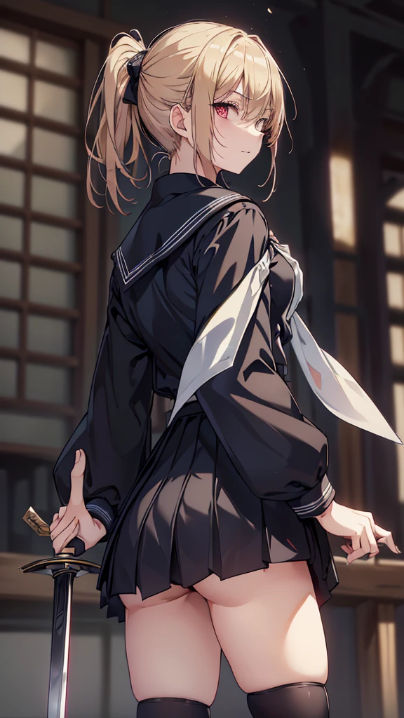 ((masterpiece, top quality, accuracy, Super detailed)))), (japanese sailor sailor suit))))), , (Big bright pink eyes), ((big)),malevolent smile,  ((thigh)), (((seen from behind))), dynamic angle, short blonde hair with spiked ponytail, ponytail in hair, pony tail, short hair, sailor suit, black blouse, White skirt, pleated skirt, black thigh high socks, Thigh black, carries a sword in his hand, malevolent look, mocking laughter, belly button, black blouse manga corta, sword in one hand, very blonde hair, black blouse White skirt, sword in one hand