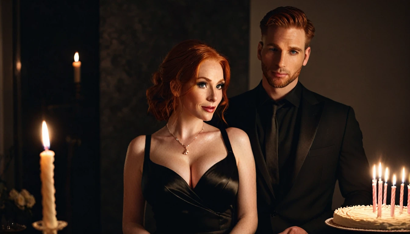 a handsome 30-year-old man, beautiful redhead woman with big breasts, elegant black dress, dark elegant room, birthday cake with lit candles, chiaroscuro lighting, cinematic camera angle, photorealistic, high quality, realistic, dramatic, fine details