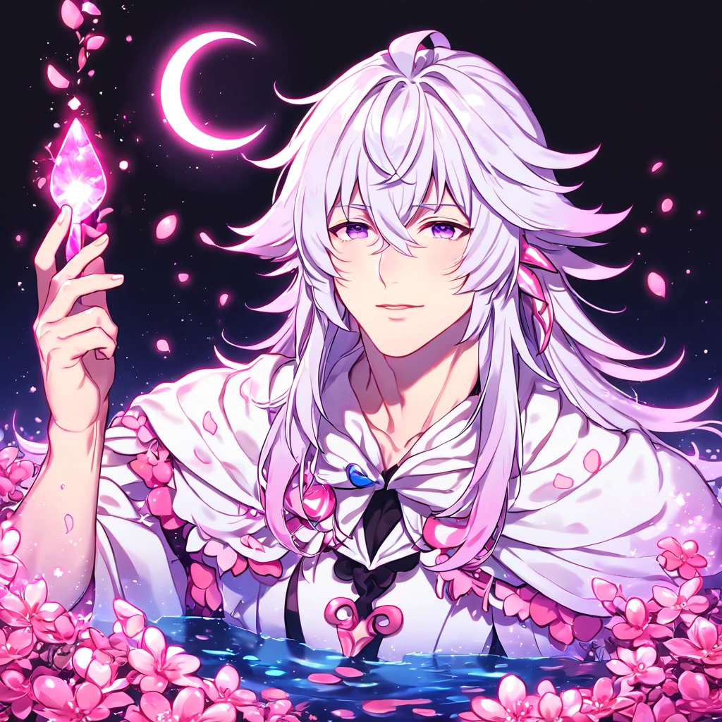 absurdres, highres, ultra detailed, HDR, master piece, Merlin, white hair, long hair, expressive light purple eyes, white tunic, white cape, Fate Gran Order, sexy man, handsome, best quality, pink glittering crescent moon, pink flowers, fantasy, magical, solo, water, pink shining fireflies, pink petals, sensual, horny, manly man, pink powers, pink crystal, close up