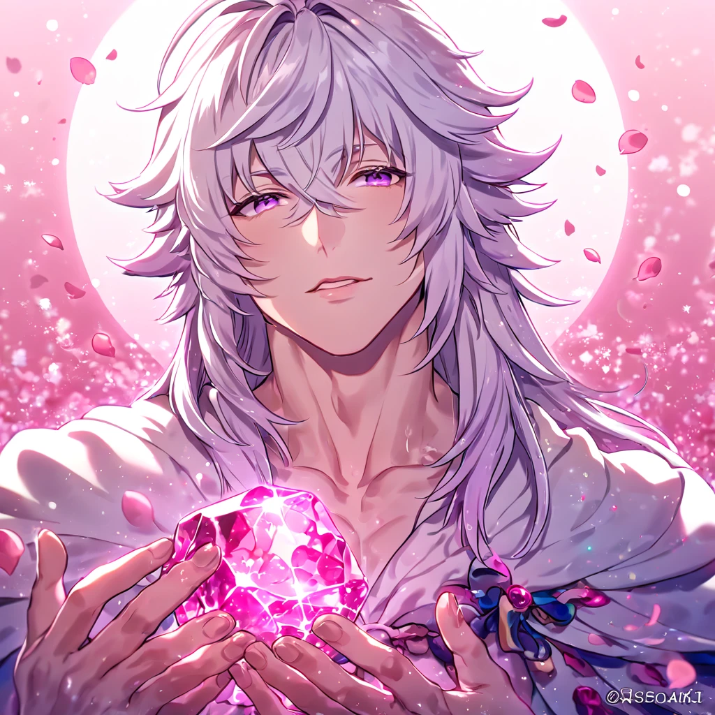 absurdres, highres, ultra detailed, HDR, master piece, Merlin, white hair, long hair, expressive light purple eyes, white tunic, white cape, Fate Gran Order, sexy man, handsome, best quality, pink glittering crescent moon, pink flowers, fantasy, magical, solo, water, pink shining fireflies, pink petals, sensual, horny, manly man, pink powers, pink crystal, close up