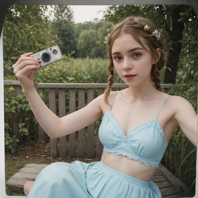 Sophia Lillis,cute, Soft belly, elegant, Open your mouth, Selfie , Long braids,whole body 、Outdoor、holiday、Blue sky、Relaxed atmosphere、mysterious、Old Polaroid Film、Bright light、Professional photos、private、Intimate atmosphere、Two people in love、A rich variety of colors、Color、Ukraine