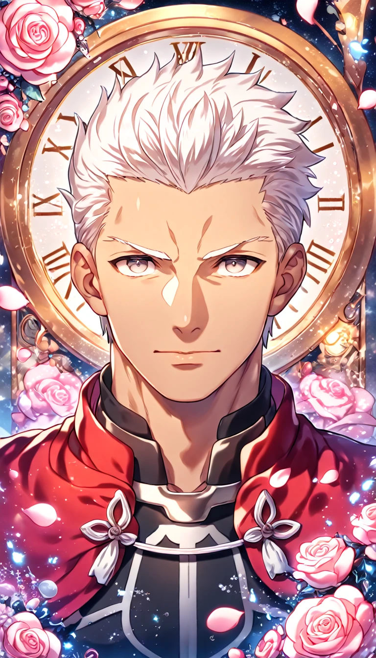 absurdres, highres, ultra detailed, HDR, masterpiece, extremely detailed, Archer, white hair, expressive gray eyes, Fate Stay Night, solo, sexy man, handsome, sensual, red coat, close up, water, magical, fantasy, glittering, shining, pink roses, blossoms, petals, in woderland, clock, manly man, tanned skin