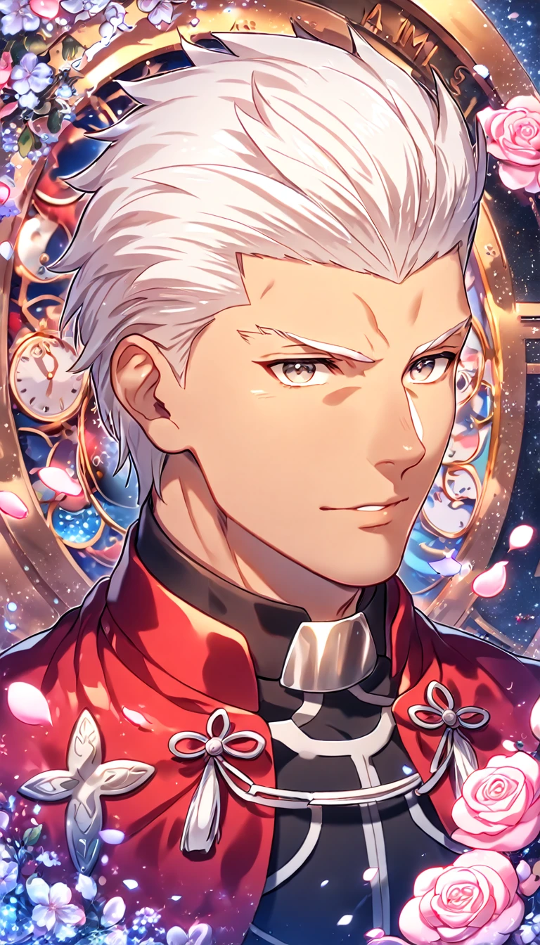 absurdres, highres, ultra detailed, HDR, masterpiece, extremely detailed, Archer, white hair, expressive gray eyes, Fate Stay Night, solo, sexy man, handsome, sensual, red coat, close up, water, magical, fantasy, glittering, shining, pink roses, blossoms, petals, in woderland, clock, manly man, tanned skin