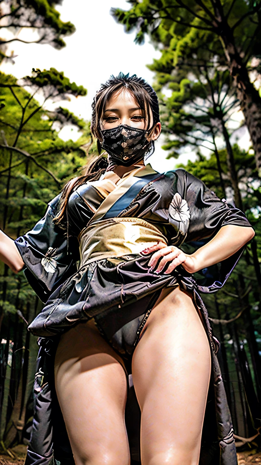 (was:1.3、((A female ninja standing in a fighting position with a weapon in the forest:1.5)、With background)、(Female ninja with a sword:1.5)、cameltoe)、(Realistic、Like a photograph、Live Action、8k, Realistic, RAW Photos, Best image quality: 1.4), Single-lens reflex camera、RAW Photos, Highest quality, Realistic, Highly detailed CG Unity 8k wallpaper, Written boundary depth, Cinematic Light, Lens flare, Ray Tracing, Realistic background、(kunoichi:1.4、White floral kimono::1.2、skirtlift、Black panties)、Grey Hair、short hair、Short Ponytail、((Ultra-Dense Skin))、 1 girl,Cute Kunoichi、(whole body:1.5)、I like that style、Pay attention to the details、Perfect outfit、(White skin)、Accurate Arm、Accurate feet、Beautiful legs、Precise thighs、Anatomically correct body、(View from below)