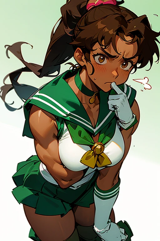 A muscular, dark-skinned mature woman with brown hair and a ponytail, dressed as Sailor Jupiter, wearing white gloves and green boots, with a displeased look on her face in the schoolyard.　