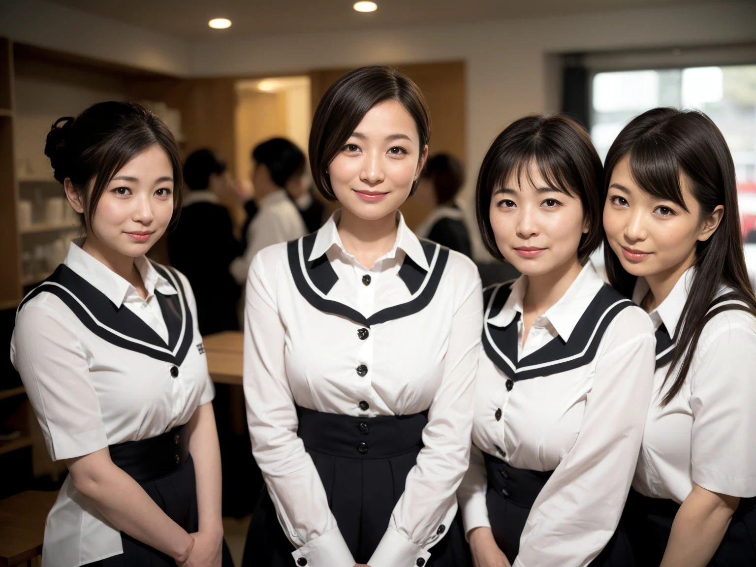 masterpiece, Highest quality, figure, Very detailed, The finer details, High resolution, 8k,wallpaper, Perfect dynamic composition,(Detailed high quality, Realistic depiction of eyes:1.3), (Three Girls),(A tight-fitting waitress uniform with buttons on the collar and chest), Seraphim, Short Bob Hair, The background is an empty changing room, Deep in the field, Black hair color, Big Natural Color Lip, (Perfect figure), (smile)、Harajuku Style、日本の50 years oldの女性:1.4), Adorable expression、Expressions of happiness、50 years old、Beautiful feet, Idol Sculpture、Fine lines all over the face、(Wrinkles around the eyes:1.1)、(wrinkles around the mouth:1.1)