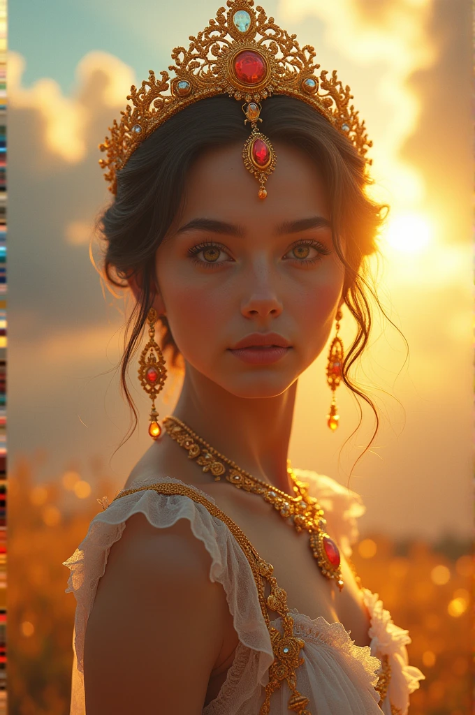 a radiant fantasy landscape, a girl in the center, beautiful detailed eyes, beautiful detailed lips, extremely detailed face, long eyelashes, ornate golden crown, intricate golden jewelry, flowing dress, ethereal glowing aura, sunbeams shining through clouds, vivid colors, dramatic lighting, dramatic cinematic composition, photorealistic, highly detailed, 8k, best quality, masterpiece