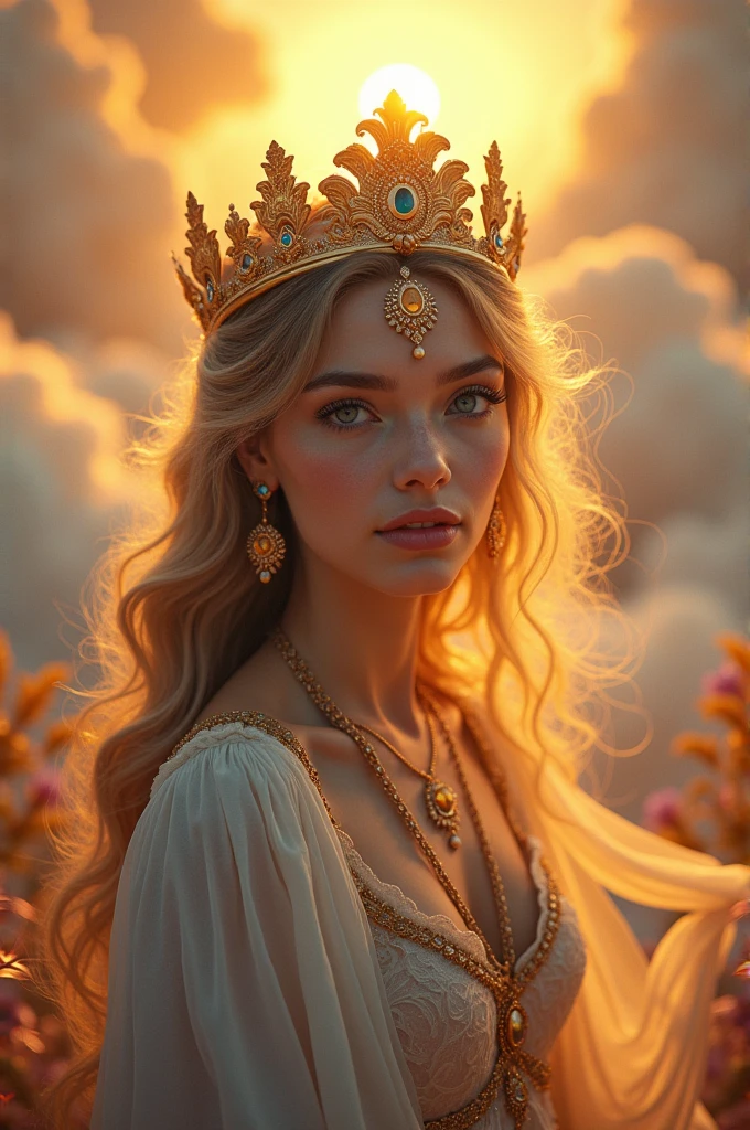 a radiant fantasy landscape, a girl in the center, beautiful detailed eyes, beautiful detailed lips, extremely detailed face, long eyelashes, ornate golden crown, intricate golden jewelry, flowing dress, ethereal glowing aura, sunbeams shining through clouds, vivid colors, dramatic lighting, dramatic cinematic composition, photorealistic, highly detailed, 8k, best quality, masterpiece