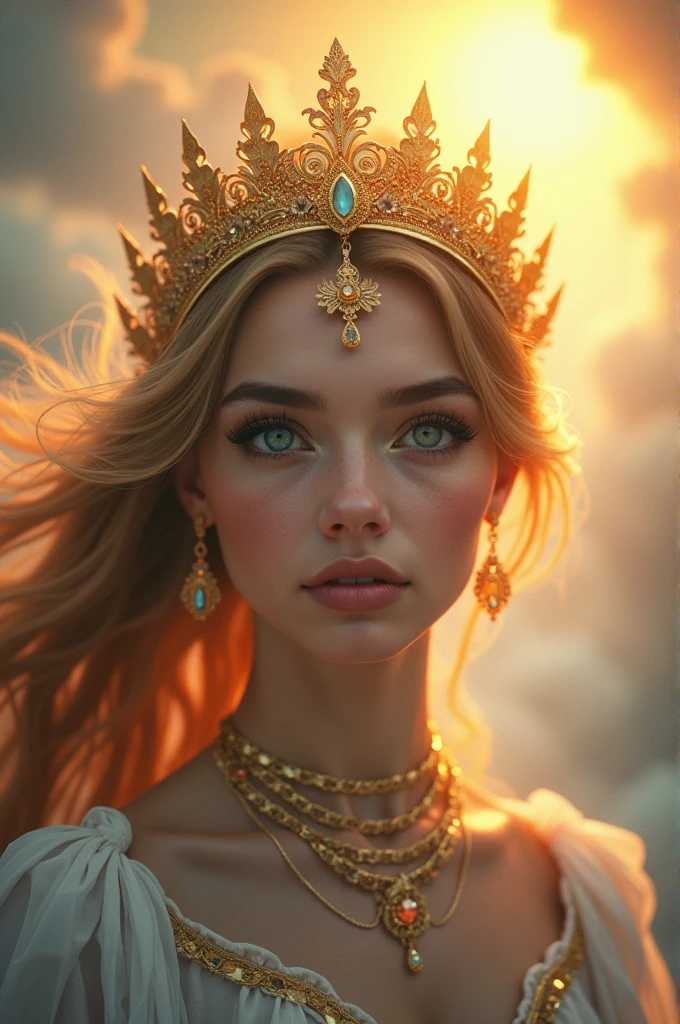 a radiant fantasy landscape, a girl in the center, beautiful detailed eyes, beautiful detailed lips, extremely detailed face, long eyelashes, ornate golden crown, intricate golden jewelry, flowing dress, ethereal glowing aura, sunbeams shining through clouds, vivid colors, dramatic lighting, dramatic cinematic composition, photorealistic, highly detailed, 8k, best quality, masterpiece