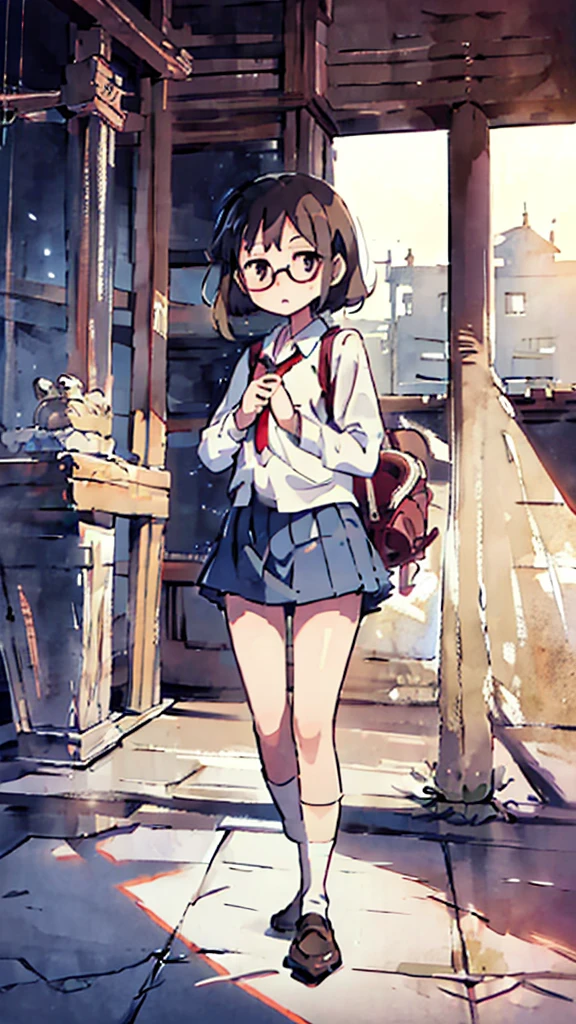 Nsfw、masterpiece, high quality, 4K, HDR,, Stable Diffusion prompt:  girl with short、brown hair and red-framed glasses, wearing a white blouse and navy skirt, white panties visible, navy socks and brown loafers, in a state of arousal and trembling with sexual climax,simple illustration style, in a nichijou (everyday life) setting