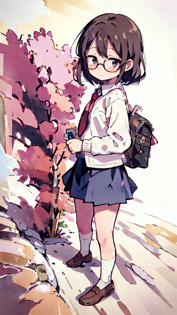 Nsfw、masterpiece, high quality, 4K, HDR,, Stable Diffusion prompt:  schoolgirl with short、brown hair and red-framed glasses, wearing a white blouse and navy skirt, white panties visible, navy socks and brown loafers, in a state of arousal and trembling with sexual climax,simple illustration style, in a nichijou (everyday life) setting