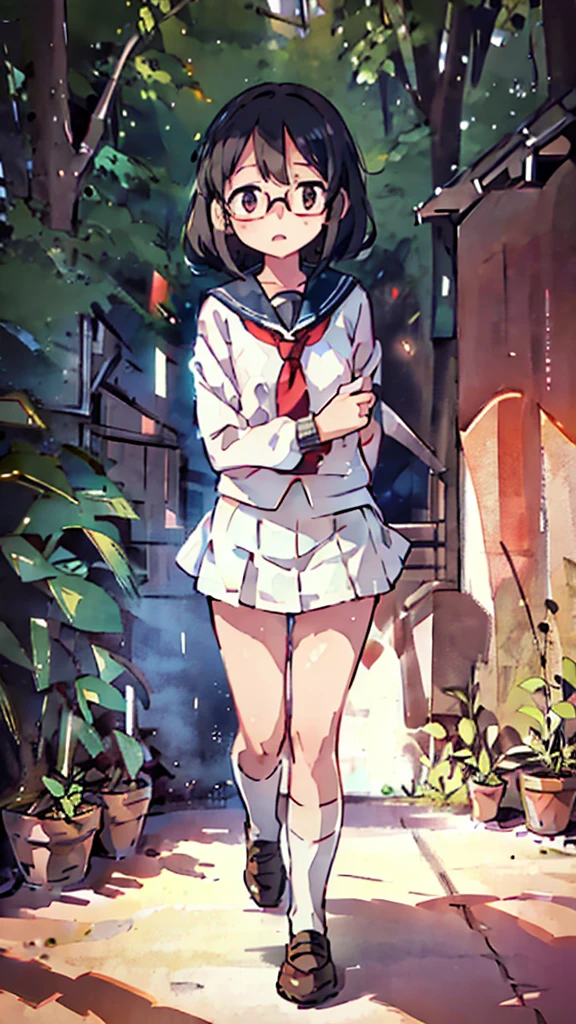Nsfw、masterpiece, high quality, 4K, HDR,, Stable Diffusion prompt: schoolgirl with short、brown hair and red-framed glasses, wearing a white blouse and navy skirt, white panties visible, navy socks and brown loafers, in a state of arousal and trembling with sexual climax,simple illustration style, in a nichijou (everyday life) setting