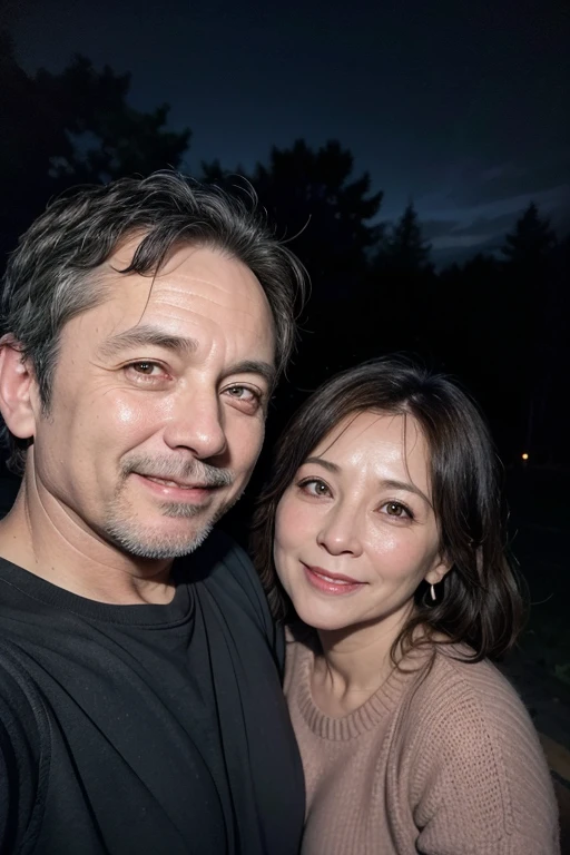 50 year old man with his 42 year old wife, looking at front, happy, darkness background, ultra realisitic, real-life