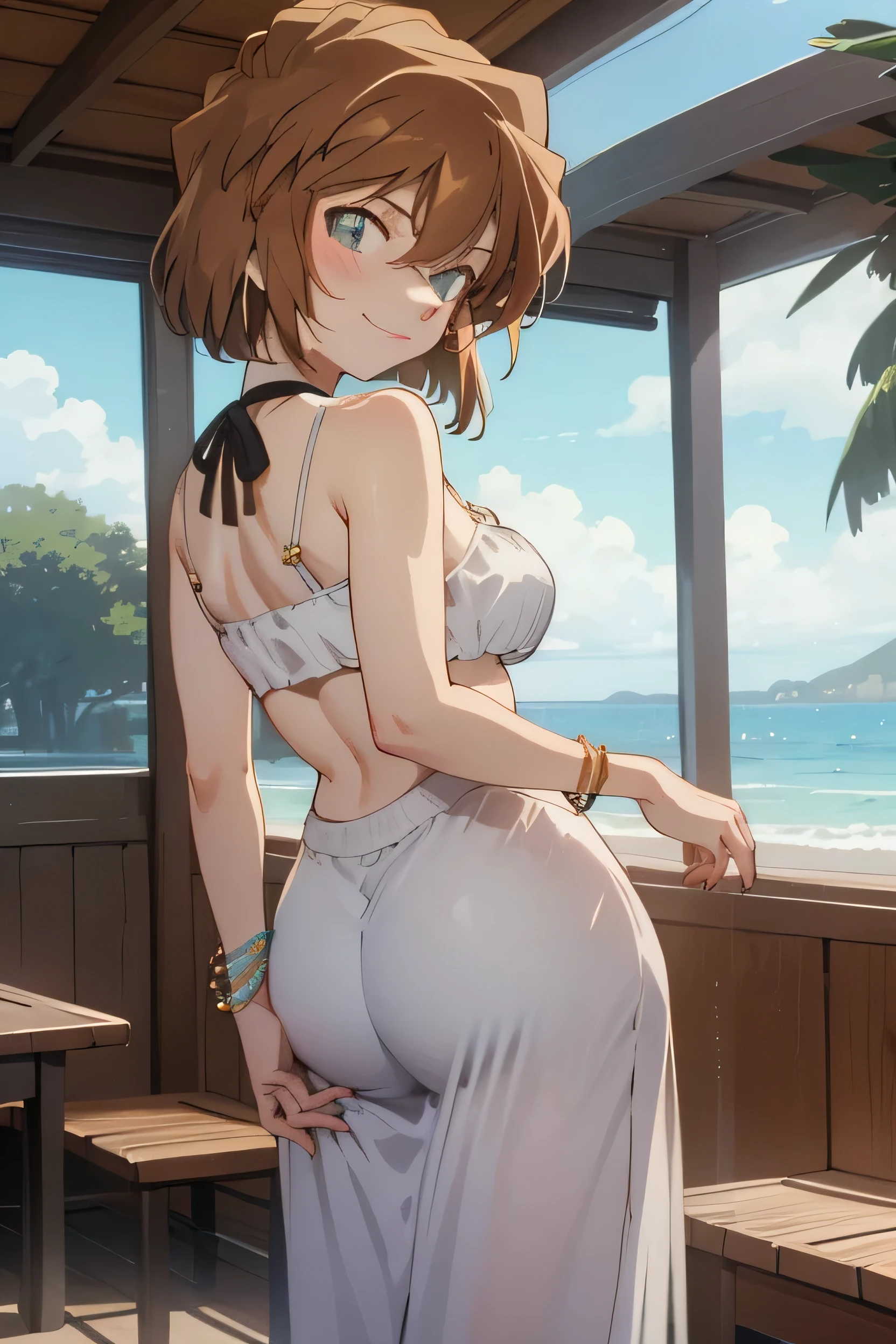 One Girl,,Haibara Ai ,Detective Conan, short hair,masterpiece ,8k unity wallpaper,Anime key visual,Highest quality, High resolution, unity 8k wallpaper, (shape:0.8), Highly detailed face,Highly detailed eyes,Shining Eyes , Glowing Skin,Fine skin,White skin,dense skin,Detailed Hair,Very elaborate legs,Perfect lighting, Detailed CG, (Perfect hands, Perfect Anatomy),High resolution,(Detailed wear ),Thin limbs, Delicate curves, Graceful hands,shape:0.8,score_9、score_8_upper、score_7_upper、score_6_upper、Source Anime、1 girl、alone、Perfect Face、Perfect Eyes、Cute Face、Sexy Girls、Fascinating、Beautiful Eyes、 body、Glowing Skin、Wide Hips、 chest、Balcony along the coast、Weathered wooden furniture on the beachfront、Ocean themed decor、Refreshing linen curtains swaying in the sea breeze、A collection of shells and driftwood lined upper on a shelf、And the sound of the waves lulls me to sleep、Skin dents、Chest misalignment、Smooth and straight cottage、exit、bohemian chic summer outfits: Flowing maxi skirt、cropped bohemian blouse、Fringe sandals、Straw hat、Beaded Bracelets、Tassel Earrings、Round ass、Turn your back on the viewer、Reach your audience、Grin、片方の眉をupperげる