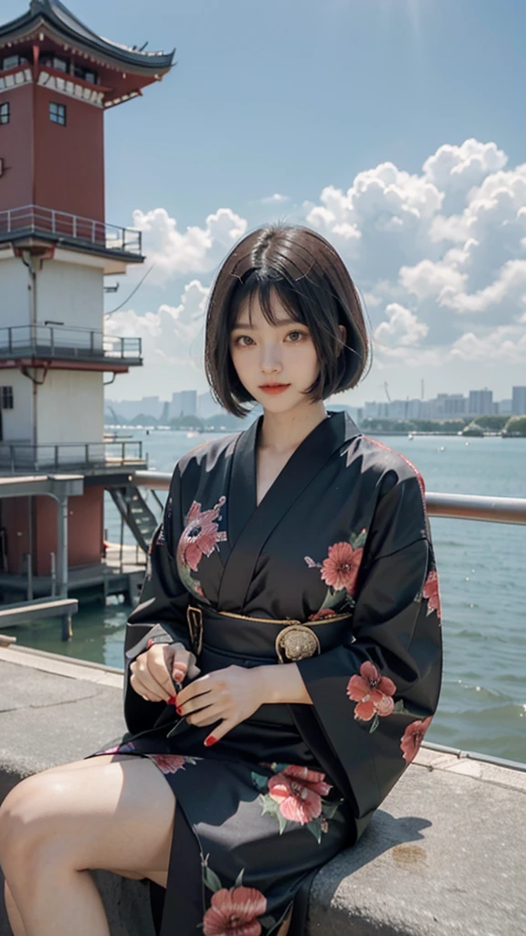 Black hair bob cut Red Japanese pattern kimono Ostrich Goddess Control tower Sitting