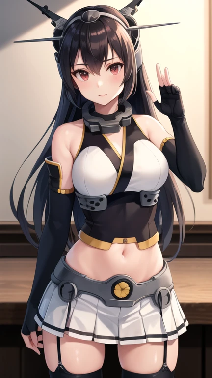 masterpiece, best quality, highres, aanagato, long hair, headgear, hairband, collar, bare shoulders, crop top, elbow gloves, fingerless gloves, black gloves, midriff, pleated skirt, white skirt, garter straps, thighhighs, cowboy shot, standing, indoors, salute, straight-on,