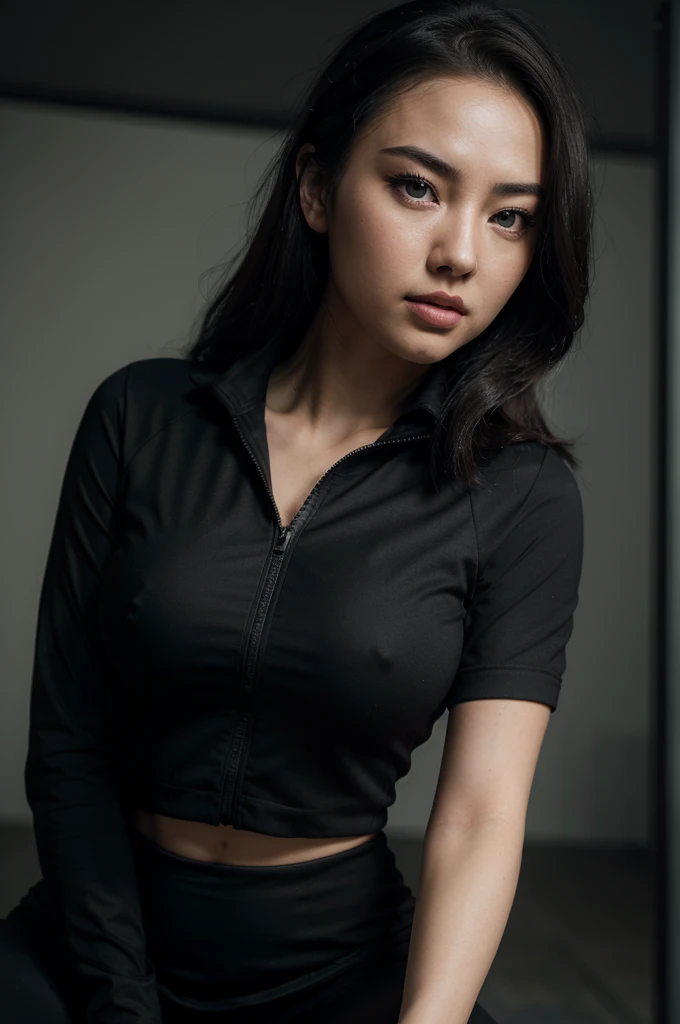 Jessica Henwick, black jacket, t-shirt, tight skirt, black leggings, beautiful detailed eyes, beautiful detailed lips, extremely detailed face and features, longeyelashes, elegant pose, solo shot, high angle, dynamic lighting, cinematic, realistic, photorealistic, 8k, ultra-detailed, masterpiece, professional photography