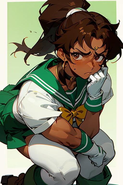 A muscular, dark-skinned mature woman with brown hair and a ponytail, dressed as Sailor Jupiter, wearing white gloves and green boots, with a displeased look on her face in the schoolyard.　