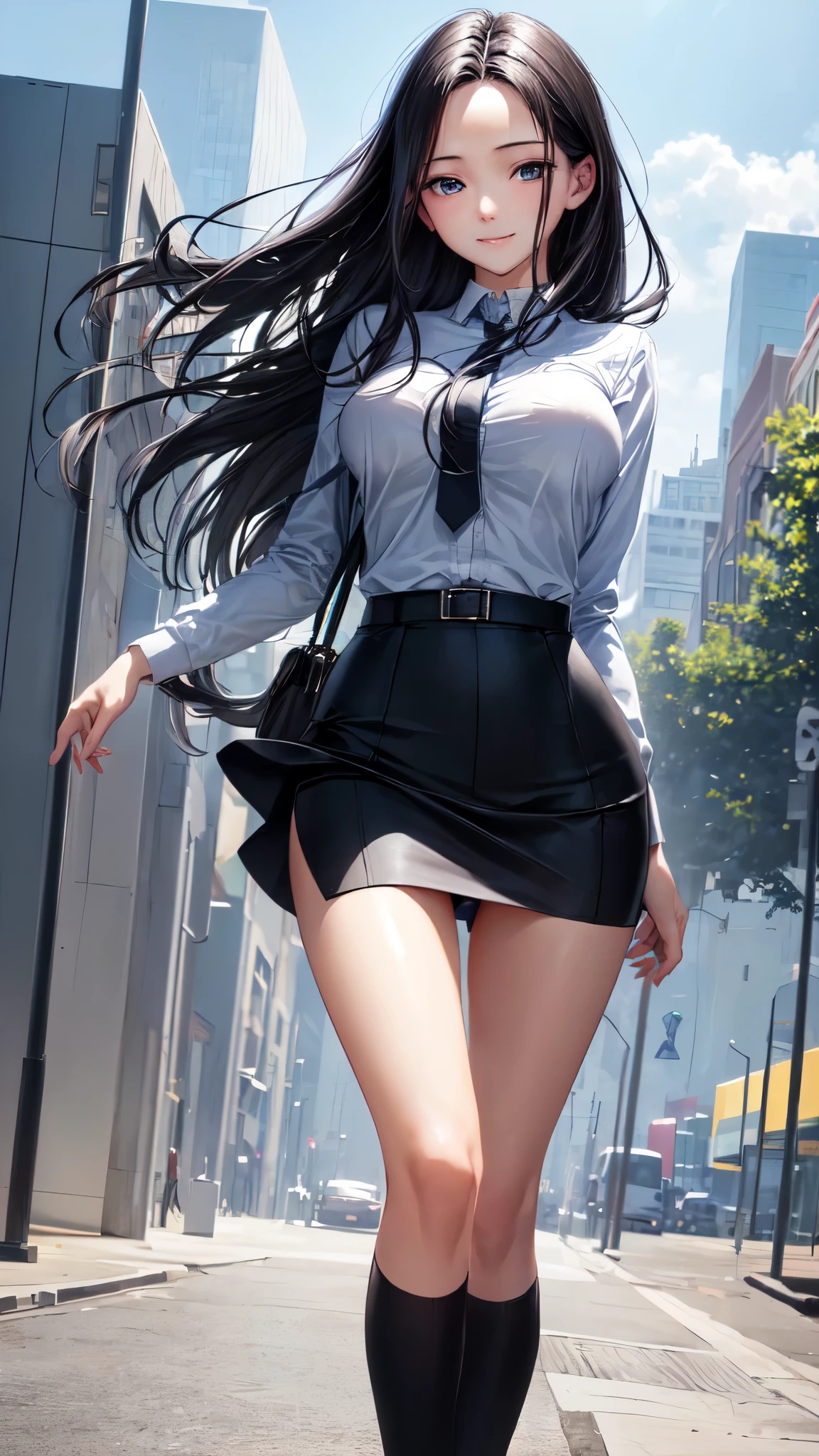 ((masterpiece,best quality,ultra detailed,high resolution)),(daytime,clear weather),((solo)),(cowboy shot),(beautiful girl),looking viewer,light-smile,(black hair,straight hair,medium hair,forehead),(beautiful detailed face,beautiful detailed eyes),(finely detailed skin),(skinny,short,medium breast,medium hip),((business suits,tight-skirt)),((panty line,pantyline)),walking on the station,