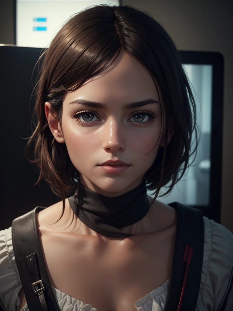 photorealistic, looking at screen